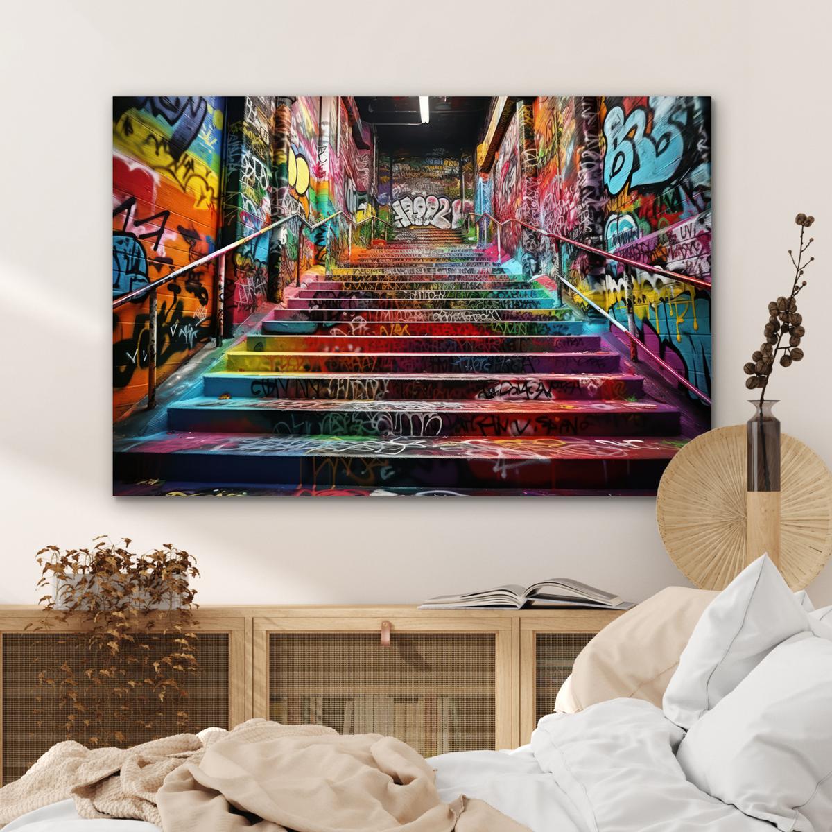 METALLBILD Treppe - Graffiti - Farben - Kunst Deko Groß 120x80 cm - Multicolor, Metall (120/80cm) - MuchoWow