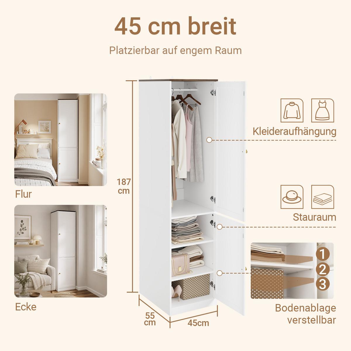 HOCHSCHRANK mit Kleiderstange KSB03-W - Ahornfarben, Fell (45/187/55cm) - SoBuy