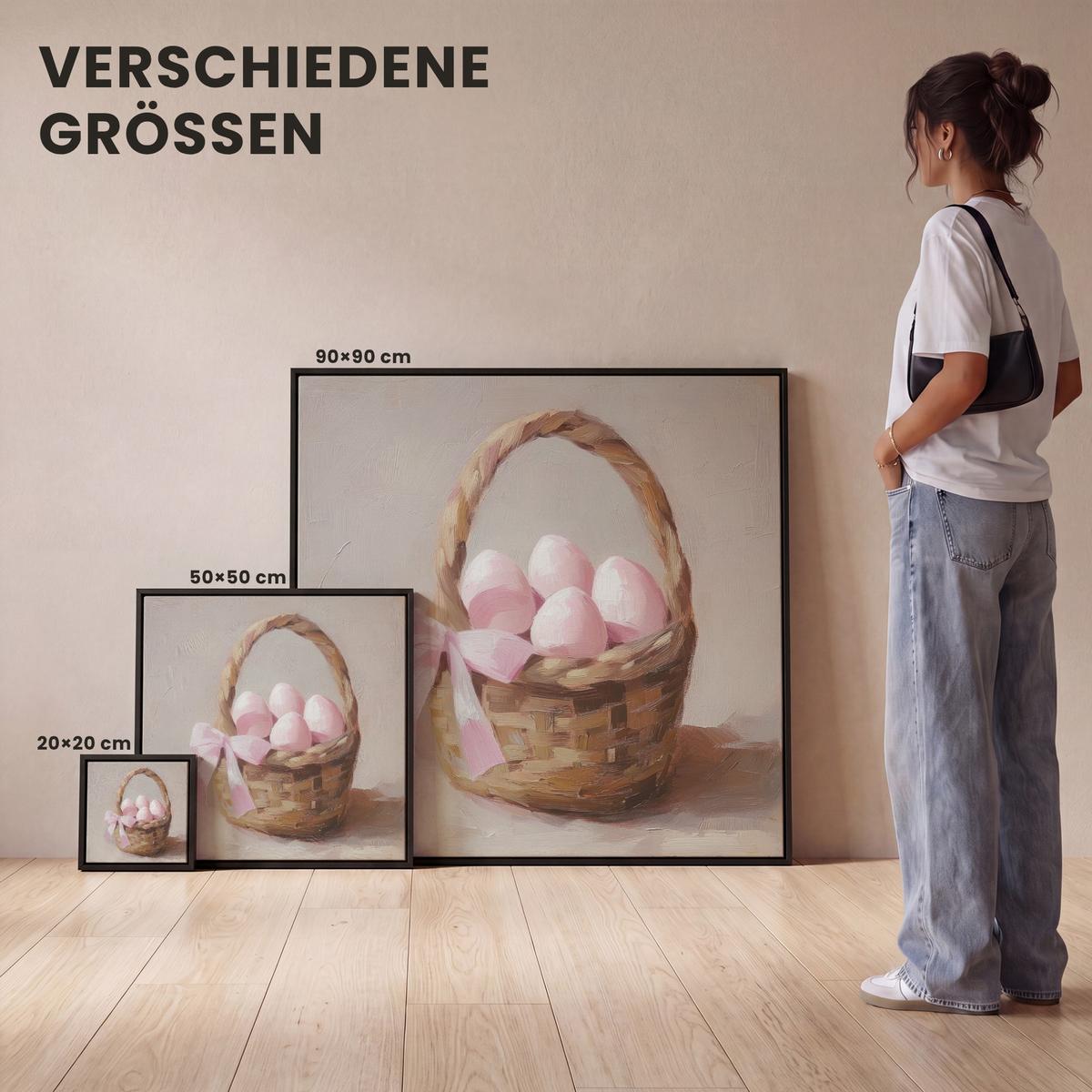 LEINWAND Bilder mit Rahmen - Korb - Eier - Rosa - 20x20 - Beige, Textil (20/20cm) - MuchoWow