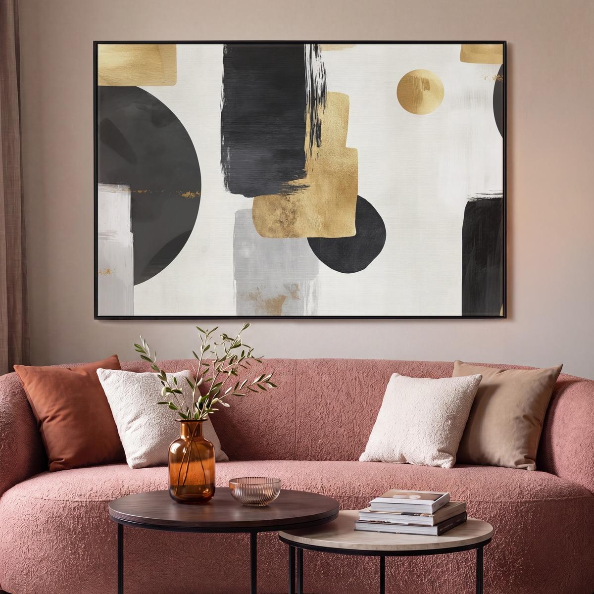 LEINWAND Bilder mit Rahmen - Gold - Rechtecke - Kreise - Abstrakt - 120x80 - Weiß, Textil (120/80cm) - MuchoWow