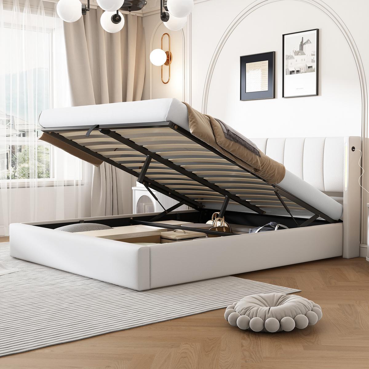 DOPPELBETT Weiß mit Stauraum und LED 207/140/103 cm - Weiß, Holzwerkstoff/Metall - Urban Meuble