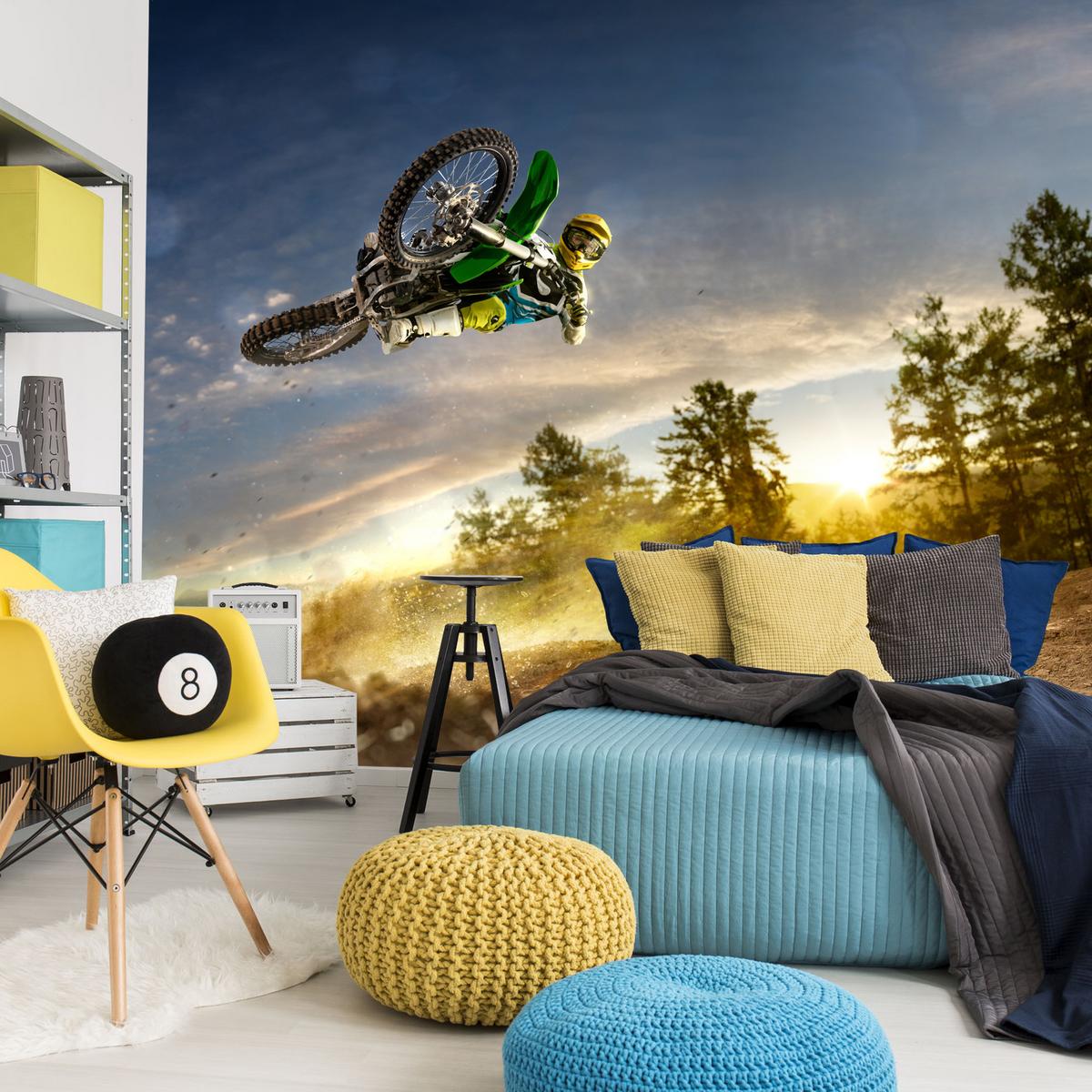 FOTOTAPETE für Jugendzimmer Motocross Sprung Berge Bäume 100x70 - Gelb/Beige, Papier (100/70cm) - Muralo