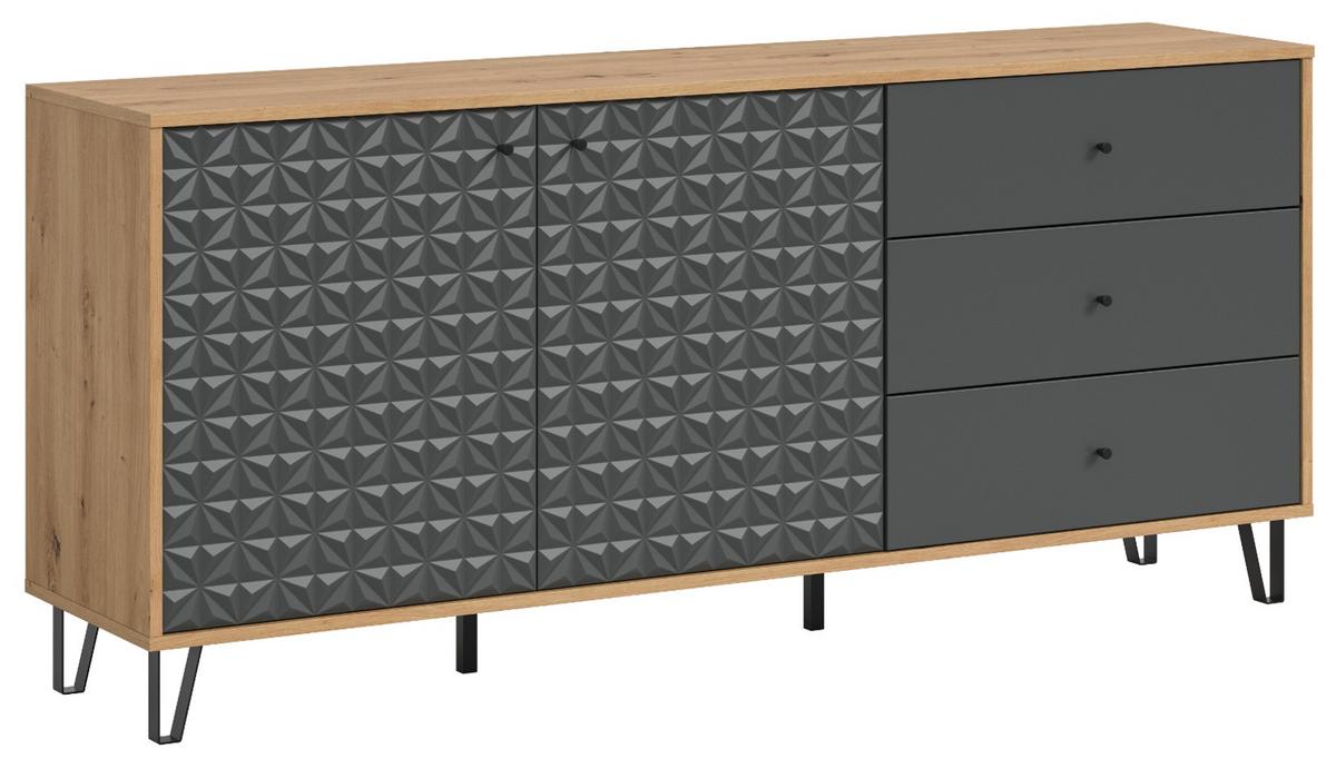 SIDEBOARD grau, Eiche Artisan 169 x 76 cm, Kommode mit 3D-Struktur - Schwarz/Eiche Artisan, Holzwerkstoff/Kunststoff (169/76/40cm) - Inn.Furn