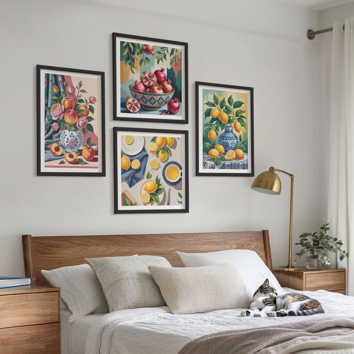 BILDER SET 4er Set - 50x50 cm & 40x60 cm Schwarzer Rahmen - Blumen und Früchte in Vasen - Schwarz, Kunststoff (50/50cm) - TULUP
