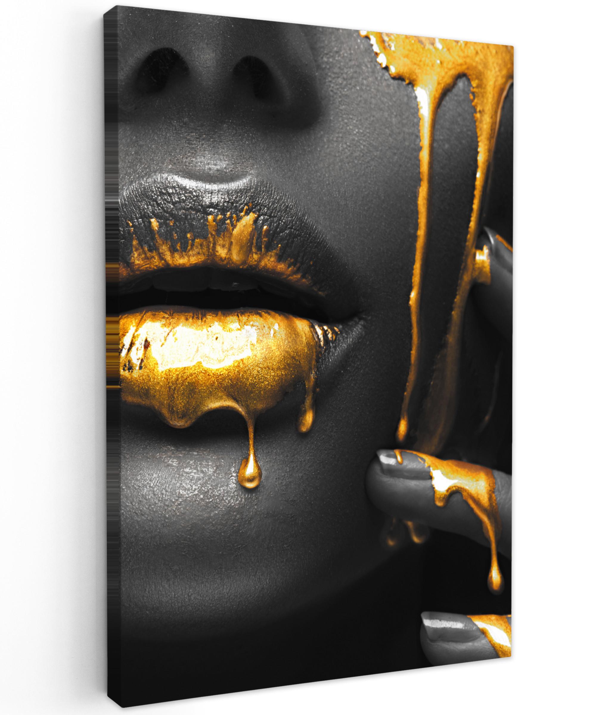 LEINWANDBILD Frau - Schwarz - Gold - Gesicht - Lippen Wanddeko 40x60 cm - Goldfarben, Textil (40/60cm) - MuchoWow