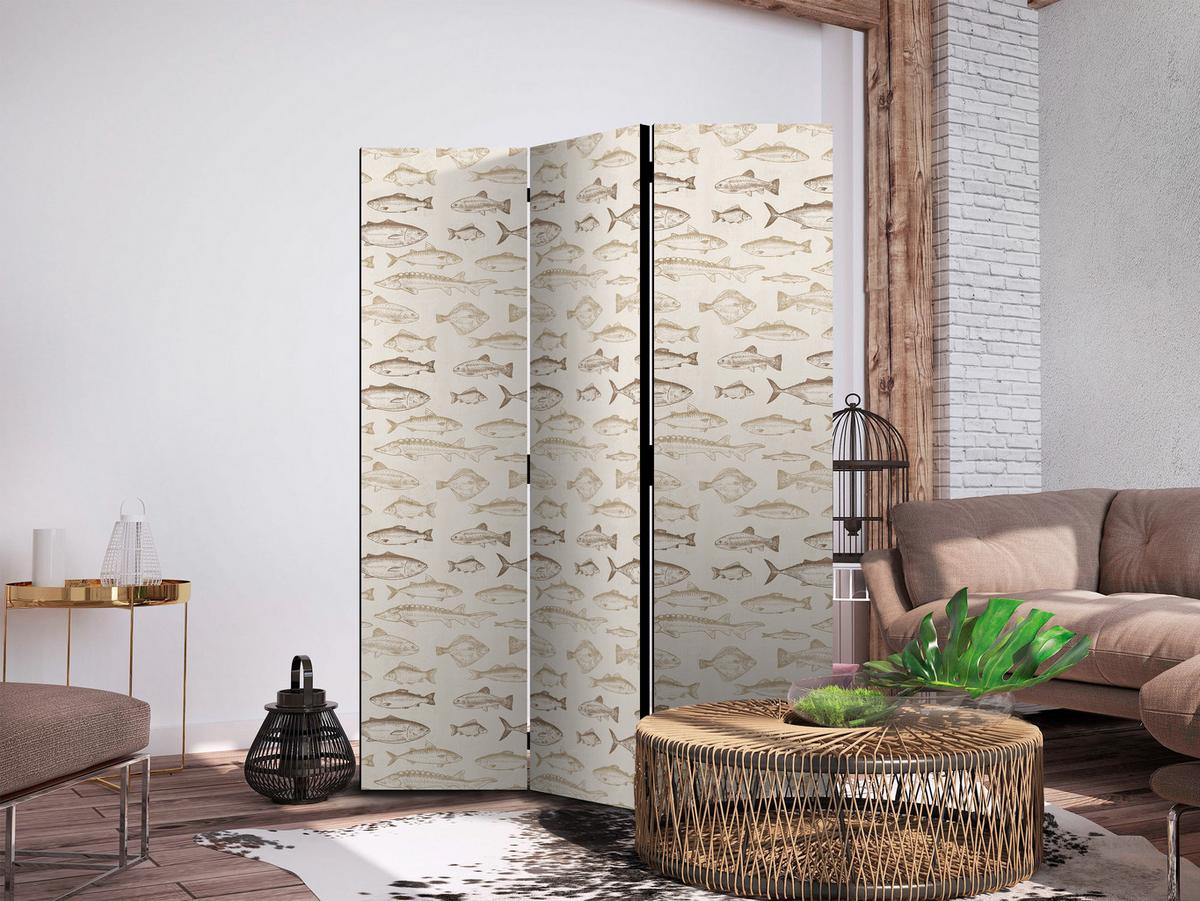 PARAVENT Beidseitig Bedruckter 3-tlg 135x172 cm Beige Fische Im Boho Stil - Beige, Holz/Textil (135/172/3cm) - Muralo