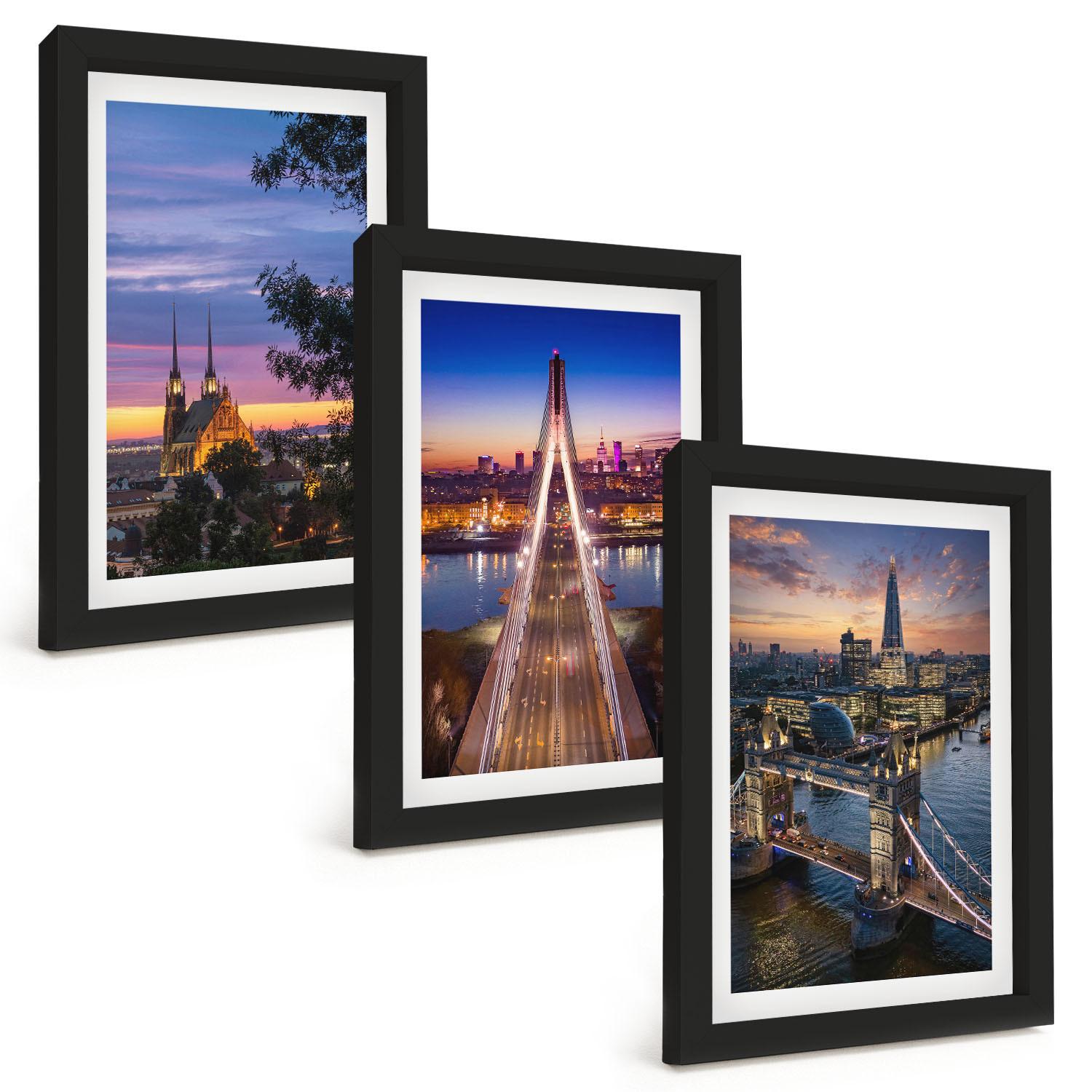 BILDER SET 3er Set - 20x30 cm Schwarzer Rahmen - Ausblicke auf Brücken und Sonnenuntergänge - Schwarz, Kunststoff (20/30cm) - TULUP