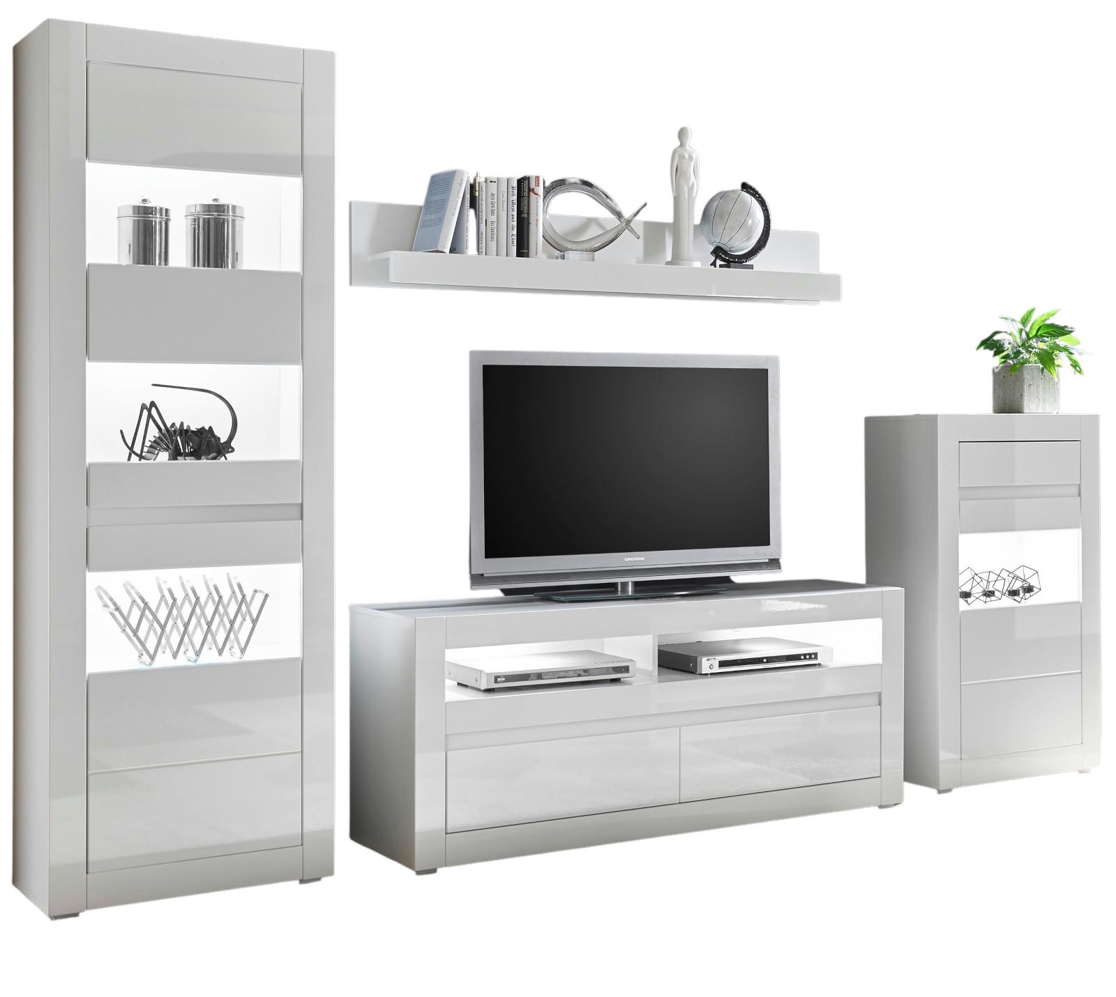 WOHNWAND 4-teilig Hochglanz weiß 302 cm, Anbauwand mit Soft-Close - Weiß Hochglanz/Weiß, Glas/Holzwerkstoff (302/198/42cm) - Furn.Design