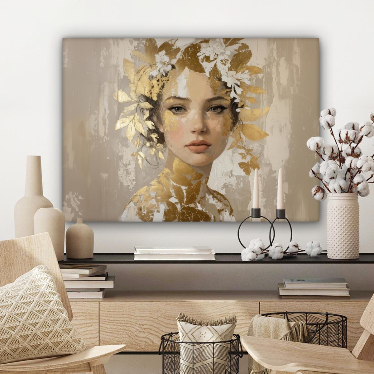 LEINWANDBILD Gesicht - Frau - Blätter - Gold Wandbilder 80x60 cm - Beige, Textil (80/60cm) - MuchoWow