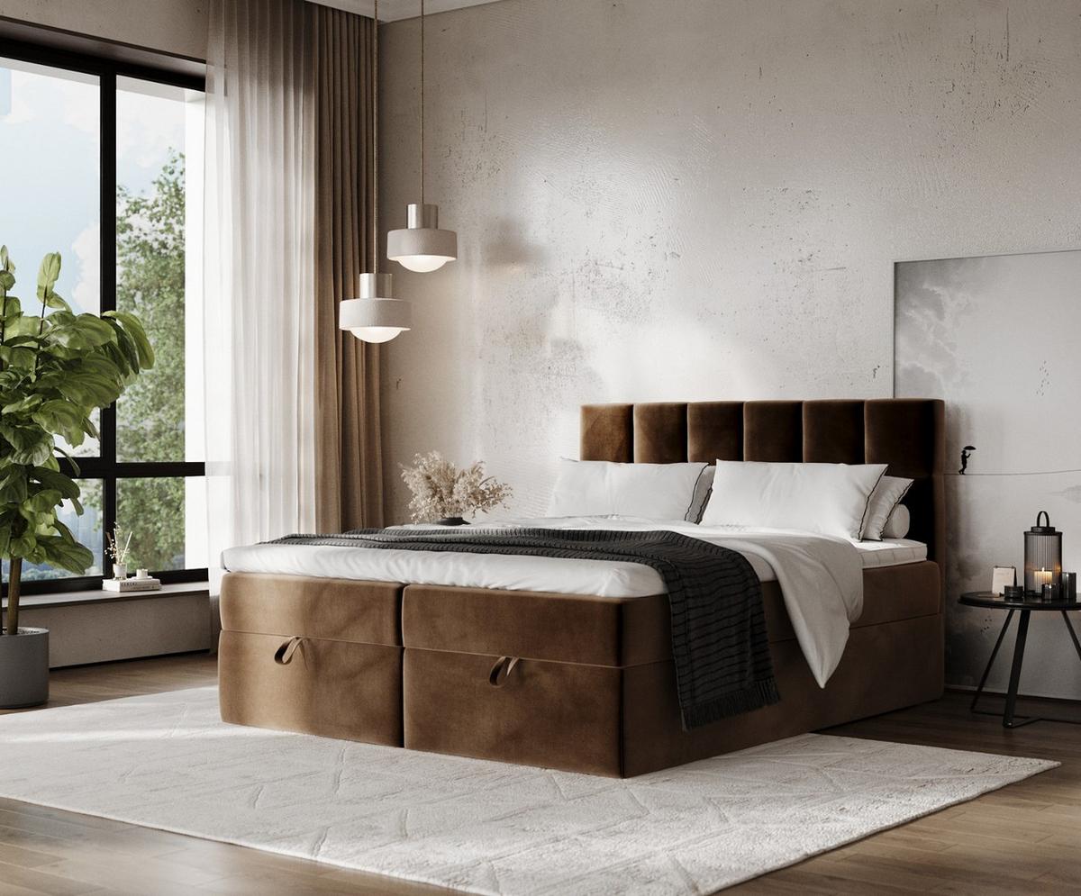 BOXBETT Savio 140/200 cm Braun im Kronos Stoff - Schwarz/Braun, Holz/Holzwerkstoff (140/200cm) - AltaBeds