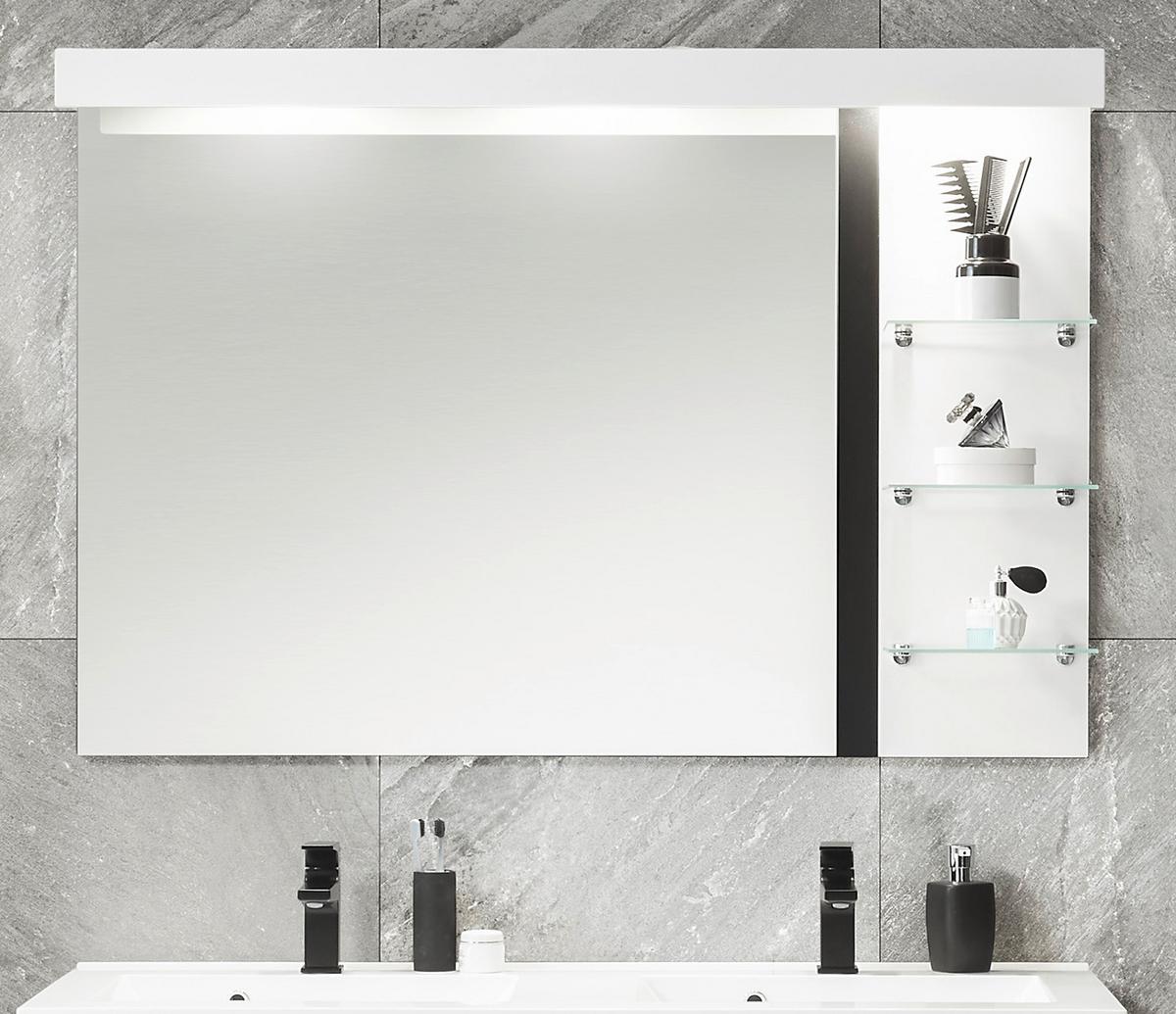 BADSPIEGEL weiß Hochglanz schwarz, Badspiegel mit Ablage LED Beleuchtung, 120 x 85 cm, Design-D - Weiß Hochglanz, Holzwerkstoff (120/85/20cm) - Furn.Design