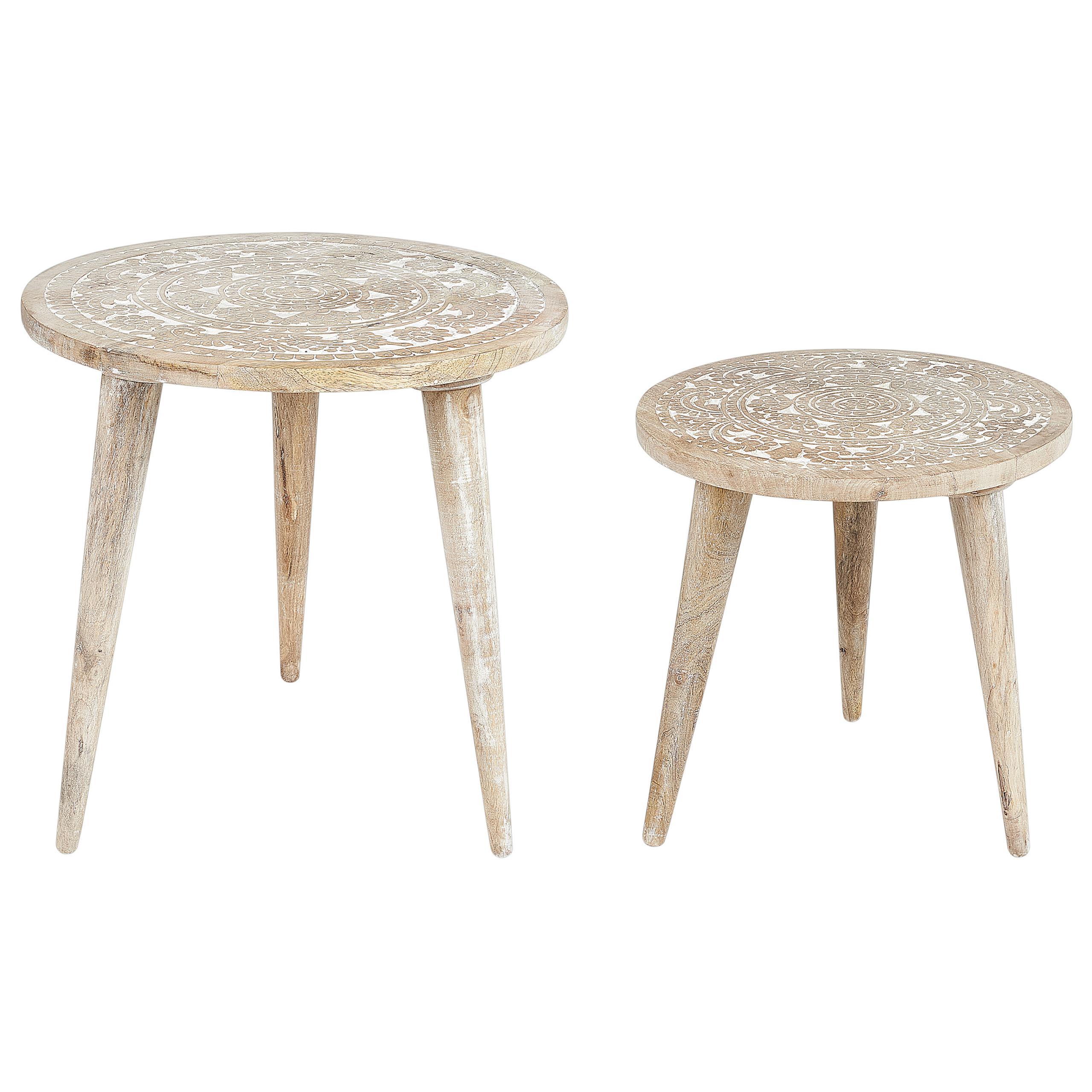BEISTELLTISCH 2er-Set Rund Holz, Weiß Uday - Hellbraun, Holz (35/35/45cm) - Beliani