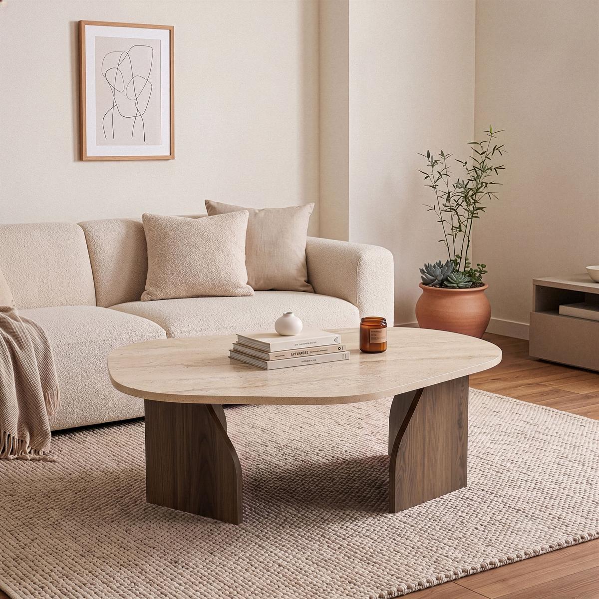 COUCHTISCH mit organisch geformter Tischplatte und breiten Beinen 100/60/35 cm - Hellbraun/Eichefarben, Holzwerkstoff (66/60/35cm) - Calicosy