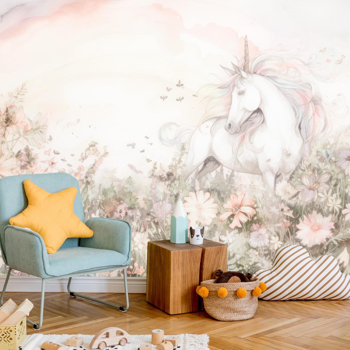 FOTOTAPETE für Kinder Einhorn Blumen Aquarell 500x350 - Gelb/Beige, Papier (500/350cm) - Muralo