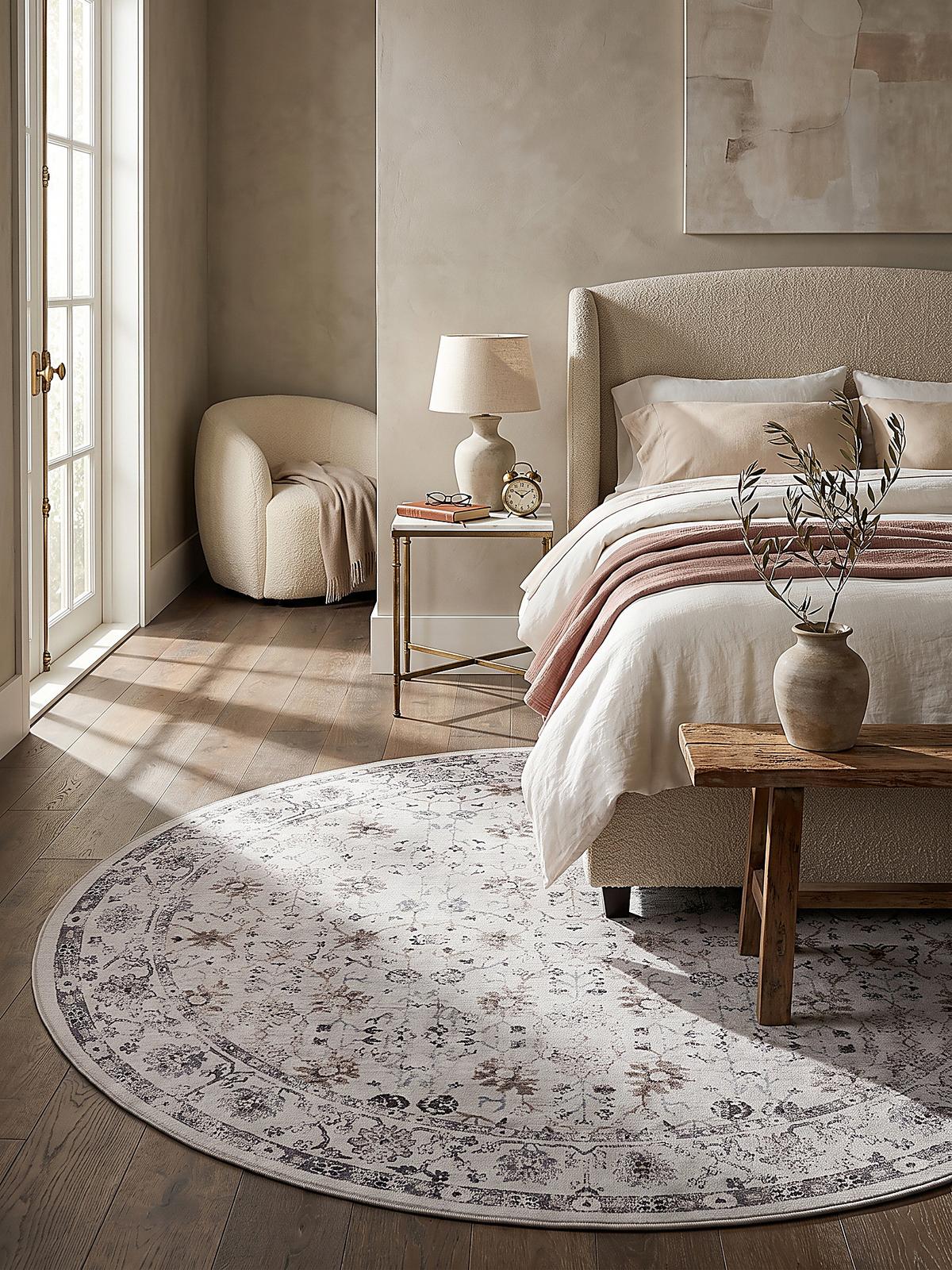 TEPPICH Kurzflor, waschbar, mit floralen Ornamenten, VERNANTE in Creme, Ø 120 cm - Beige, Textil (120/120cm) - KADIMA DESIGN