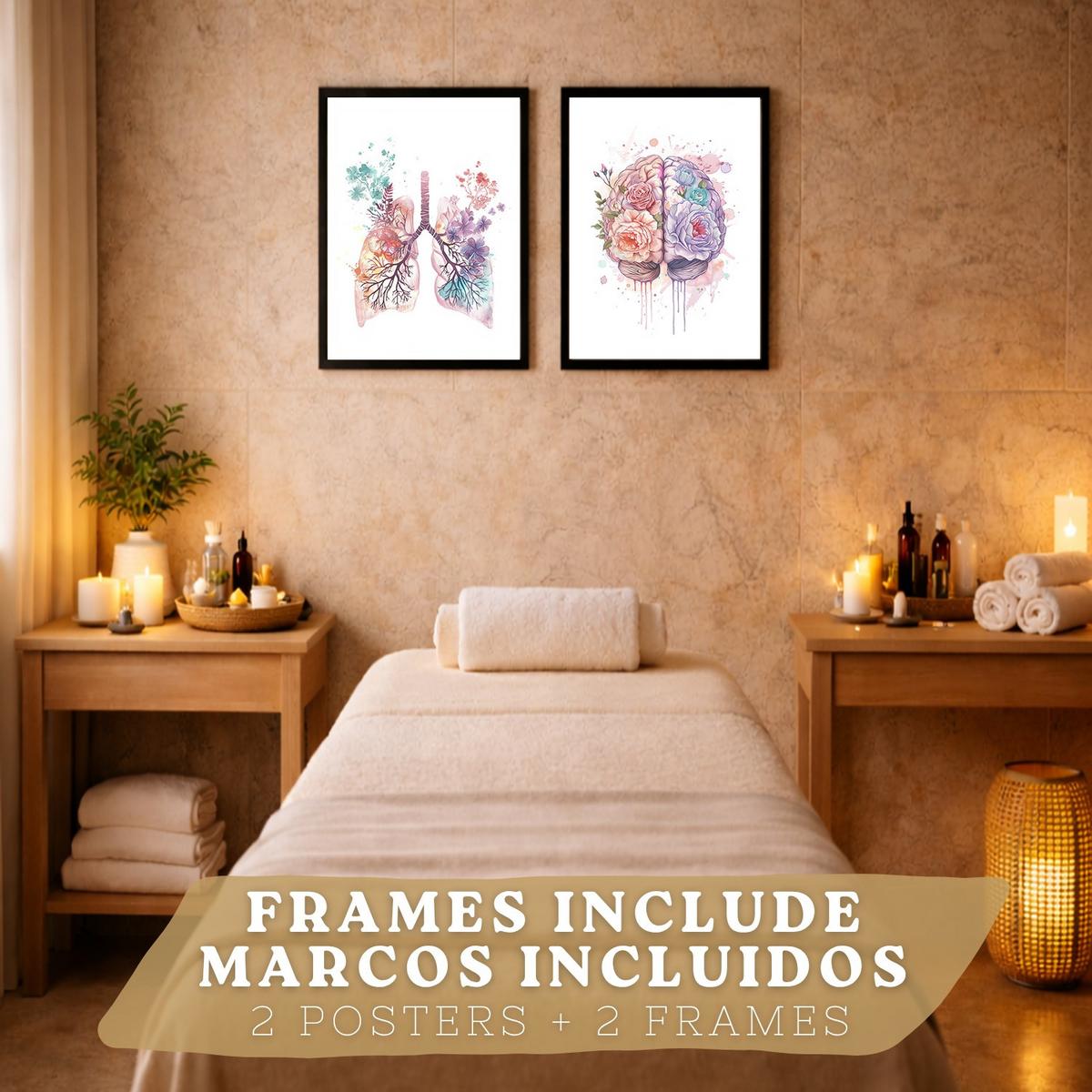 POSTER Set aus 2 Anatomie Mensch Drucke und mit Lungen Luftröhre Bronchien und Gehirn Pastellfarbenes Florales Aquarell Größe Schwarzer Rahmen A3 - Schwarz, Papier (29.7/42/3cm) - Nacnic
