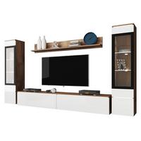 WOHNWAND Vera II mit weißer LED Beleuchtung - Weiß Hochglanz/Eiche Wotan, Holzwerkstoff (30/130/33cm) - MIRJAN24