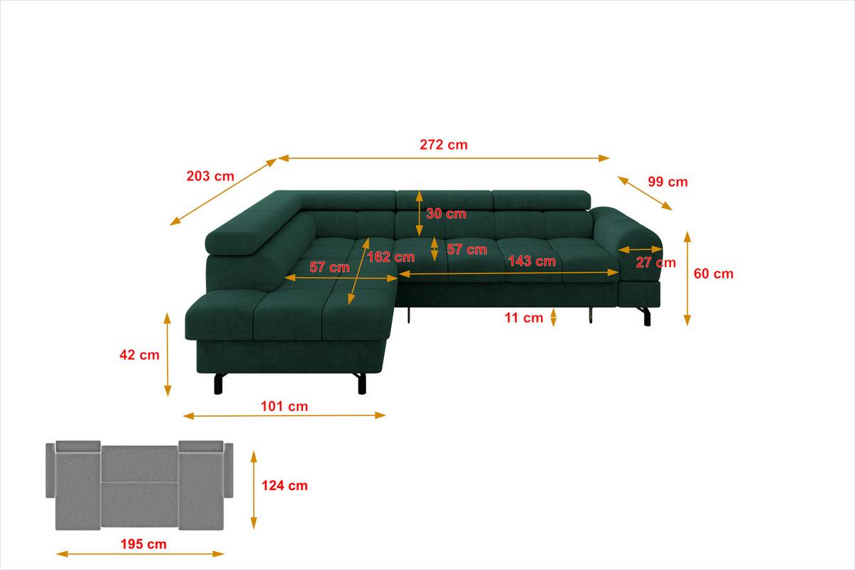 ECKSOFA mit Schlaffunktion Ottomane Links LUMA-L 272x203x70 Grün Velours - Schwarz/Grün, Holzwerkstoff/Kunststoff (272/203cm) - ALTDECOR