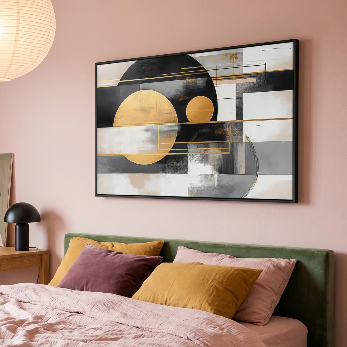 LEINWAND Bilder mit Rahmen - Abstrakt - Gold - Silber - Formen - Ästhetisch - Modern - 140x90 - Goldfarben, Textil (140/90cm) - MuchoWow