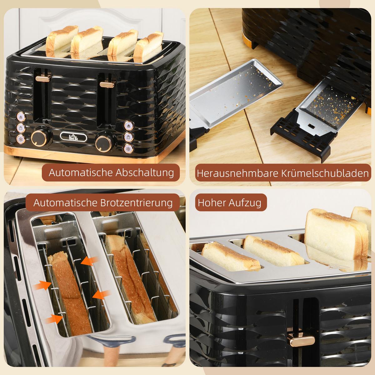 TOASTER mit Krümelschublade Stahl Schwarz - Schwarz, Metall (27.5/18.9/29.2cm) - HOMCOM