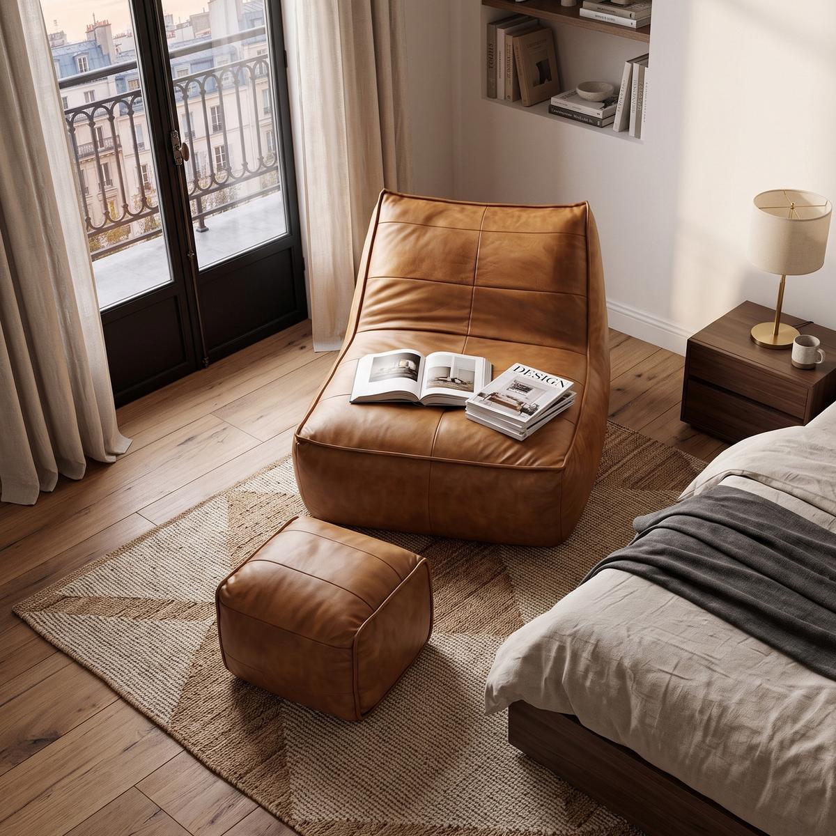 SESSEL Sitzsack & Hocker Set Tech-Leder Raupen-Design - Braun, Textil (80/75/93cm) - Urban Meuble