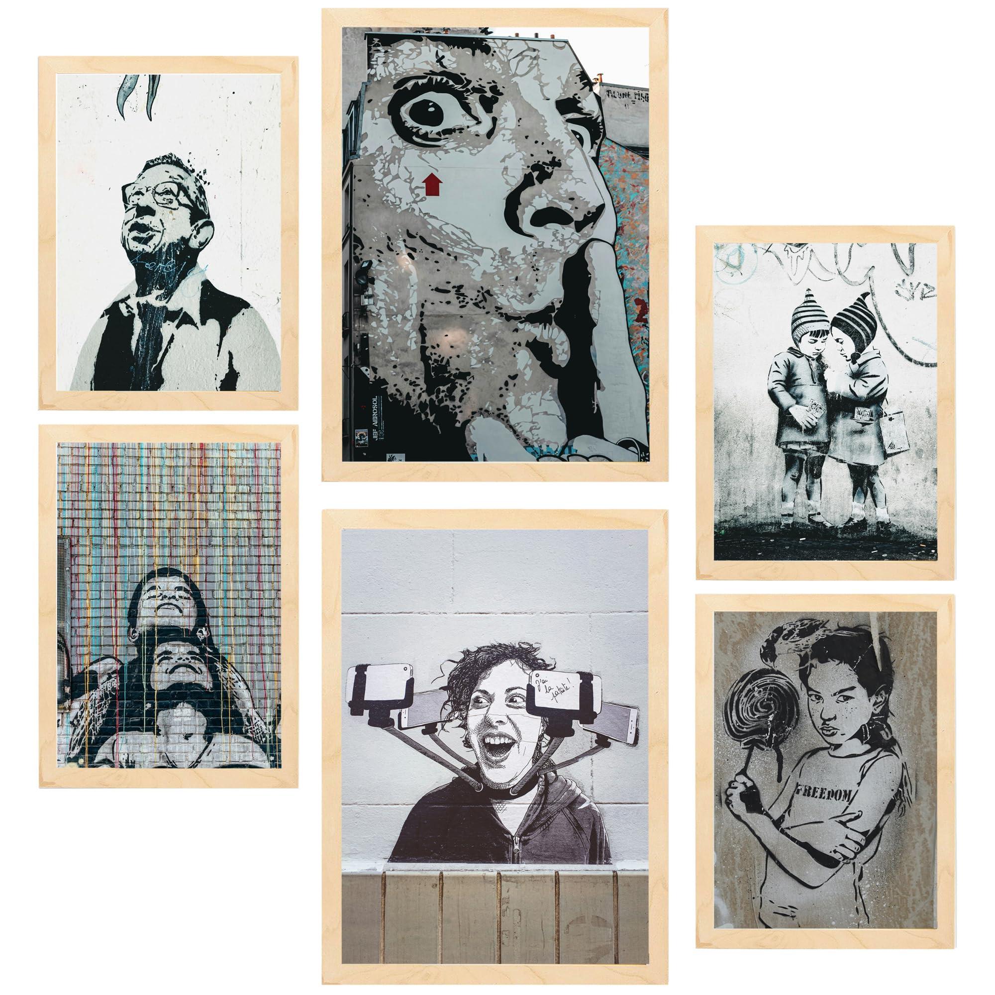 POSTER Set Mit 6 Schablonen Graffiti Straßenkunst A3 & A4 Rahmen Aus Hellem Holz - Beige, Papier (29/3cm) - Nacnic