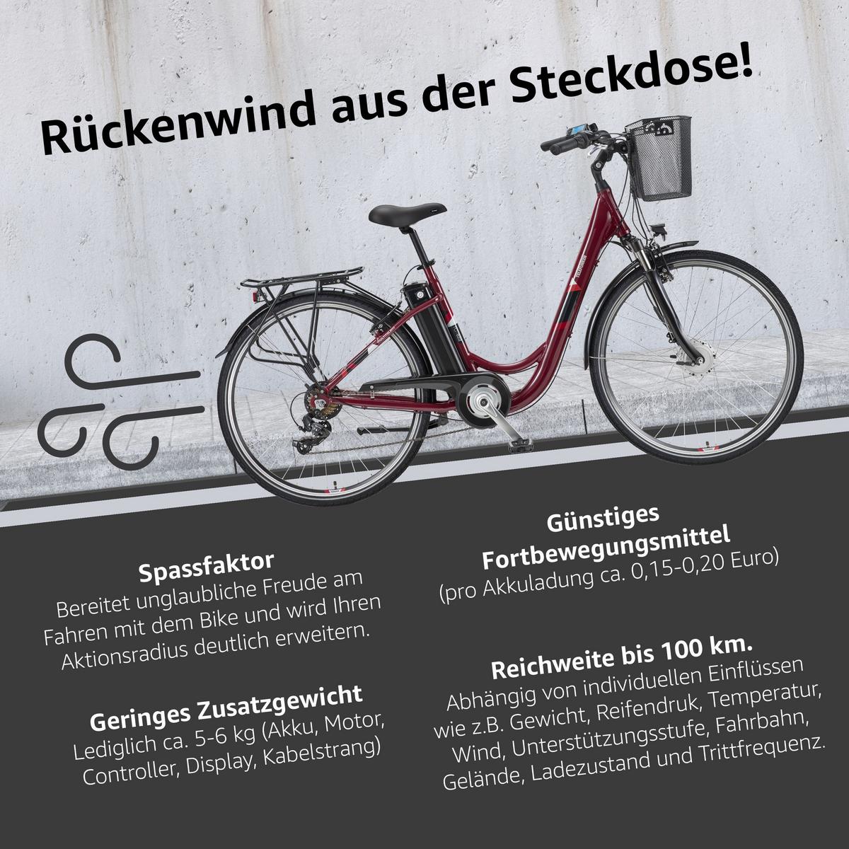 E-BIKE Cityrad Multitalent RC822 Für Damen u. Herren 374,4 Wh Frontmotor 7-Gang-Kettenschaltung 28 Zoll - Weinrot, Metall (114.5cm) - Telefunken