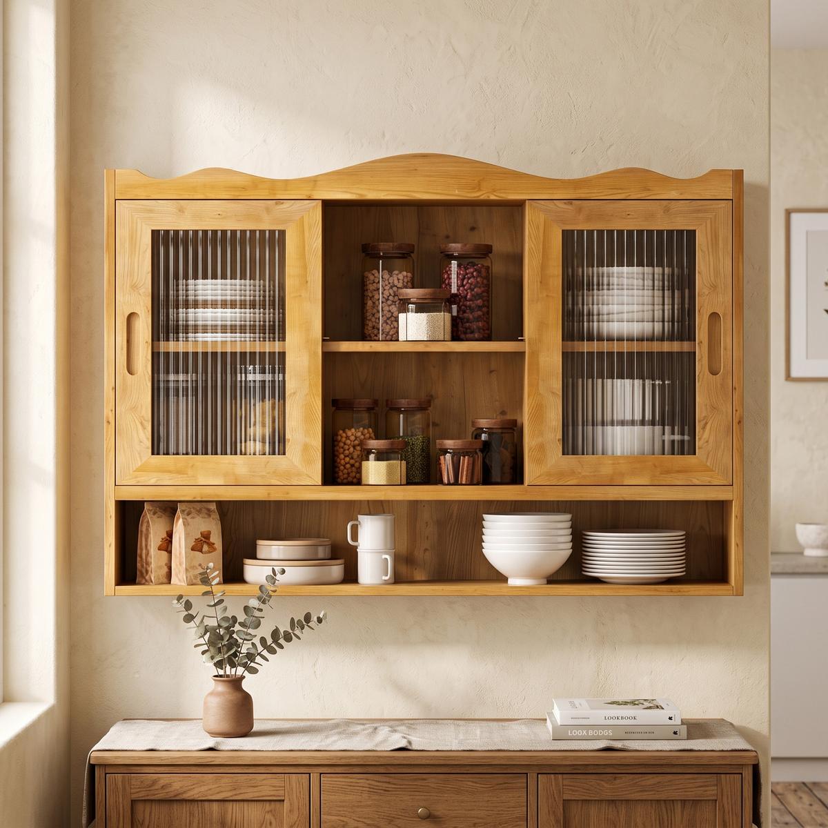 WANDSCHRANK Massivholz Schiebetüren Riffelglas Natur 3 Ebenen 90cm - Naturfarben, Holz/Holzwerkstoff (90/60/20cm) - Urban Meuble