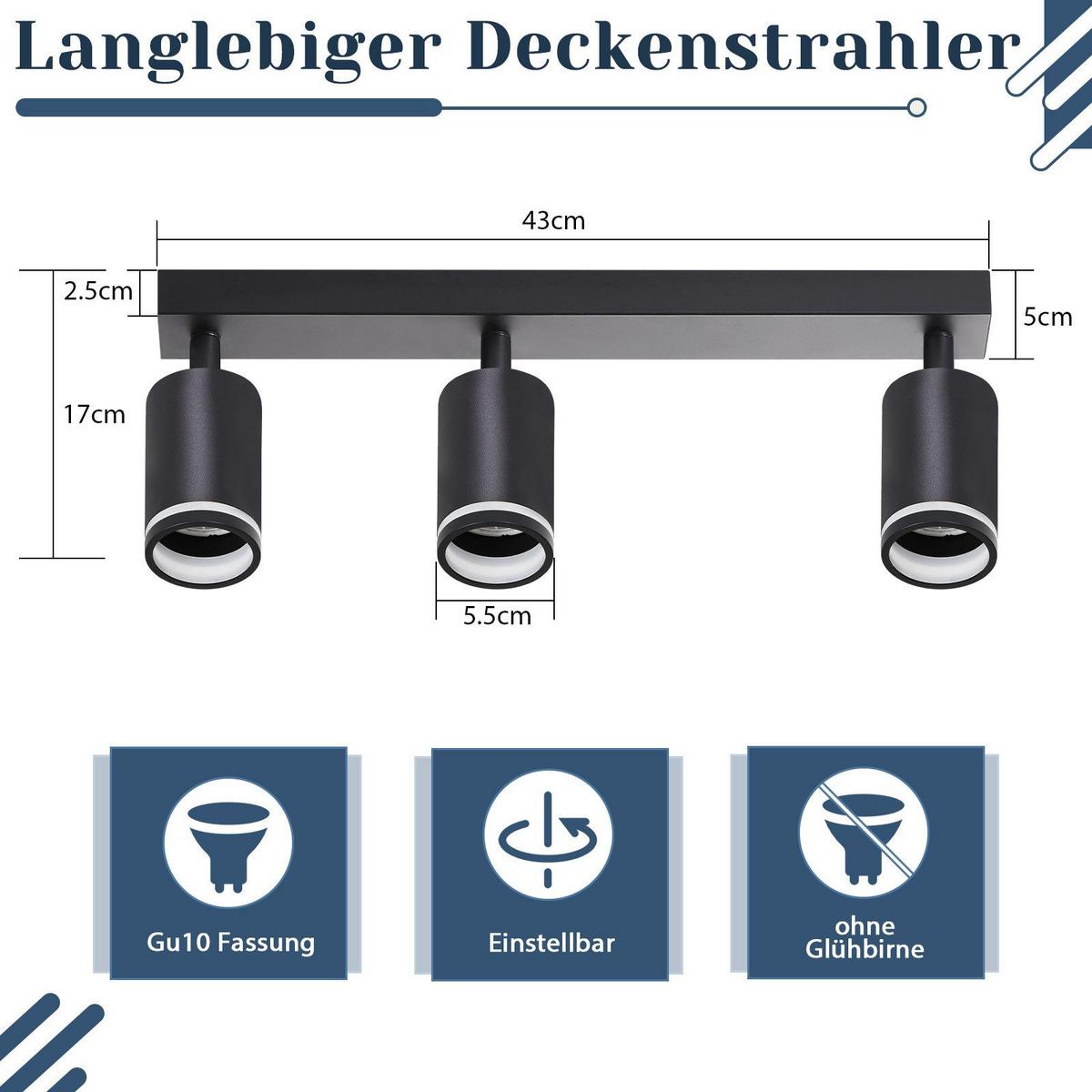 DECKENSTRAHLER Staffelstein 3-flammig 43/5/17 cm - Schwarz, Metall (43/5/17cm) - Nettlife