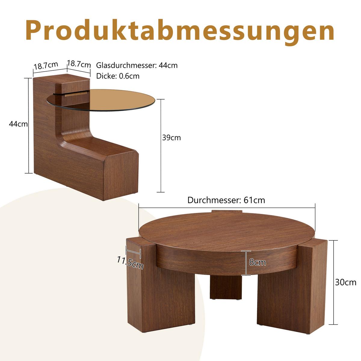 COUCHTISCH 2er-set nussbaum-optik & braunes glas trennbar - Walnussfarben, Holzwerkstoff (61/61/30cm) - Urban Meuble