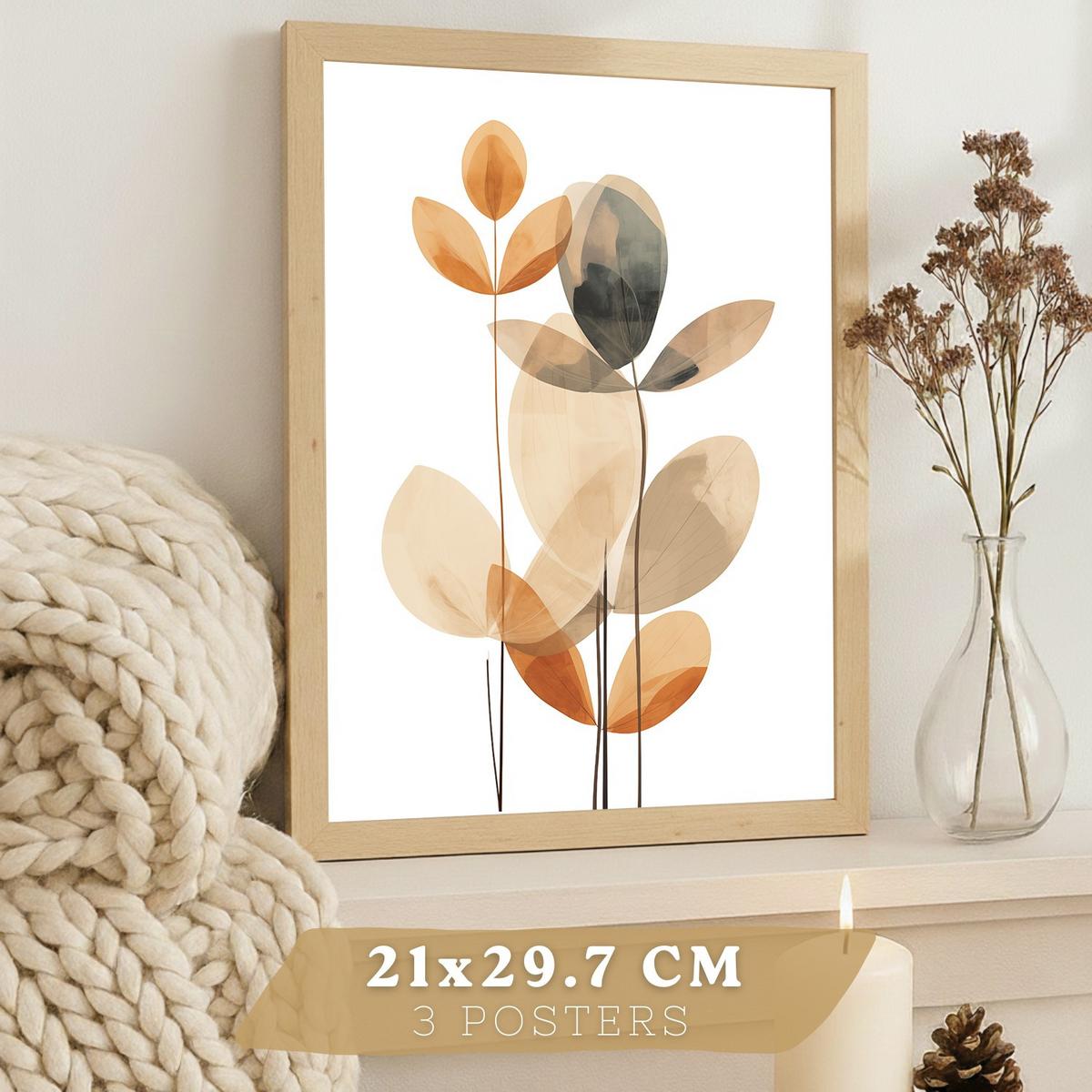 POSTER 3er-Set Wandbilder Orange Blumen modern Wohnzimmer Deko, Schlafzimmer, Küche, Badezimmer Leichter Holzrahmen A3 - Beige, Papier (29.7/1/42cm) - Nacnic