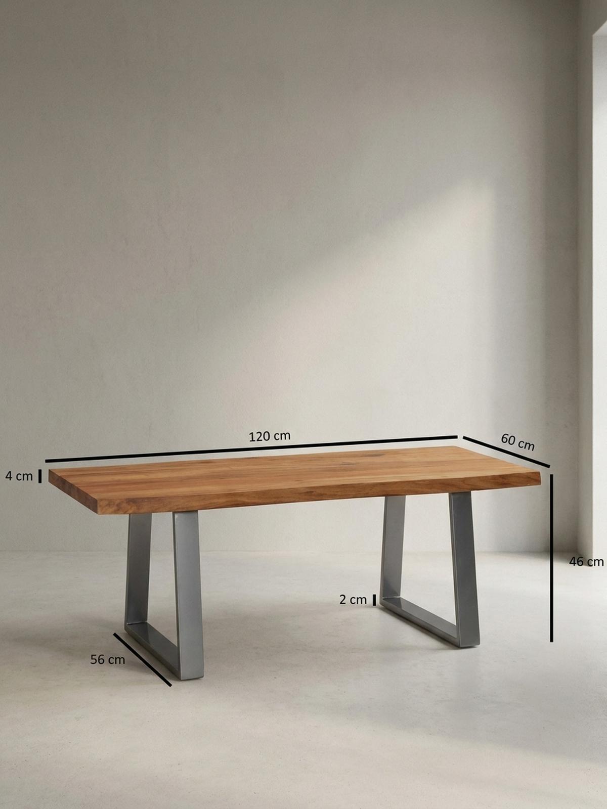 COUCHTISCH aus Akazie Massivholz mit Metall-Trapezbeinen und Baumkante im Design-Stil, Akazie-Silber 120x60x46 cm - Silberfarben/Akaziefarben, Holz/Metall (60/120/46cm) - KADIMA DESIGN