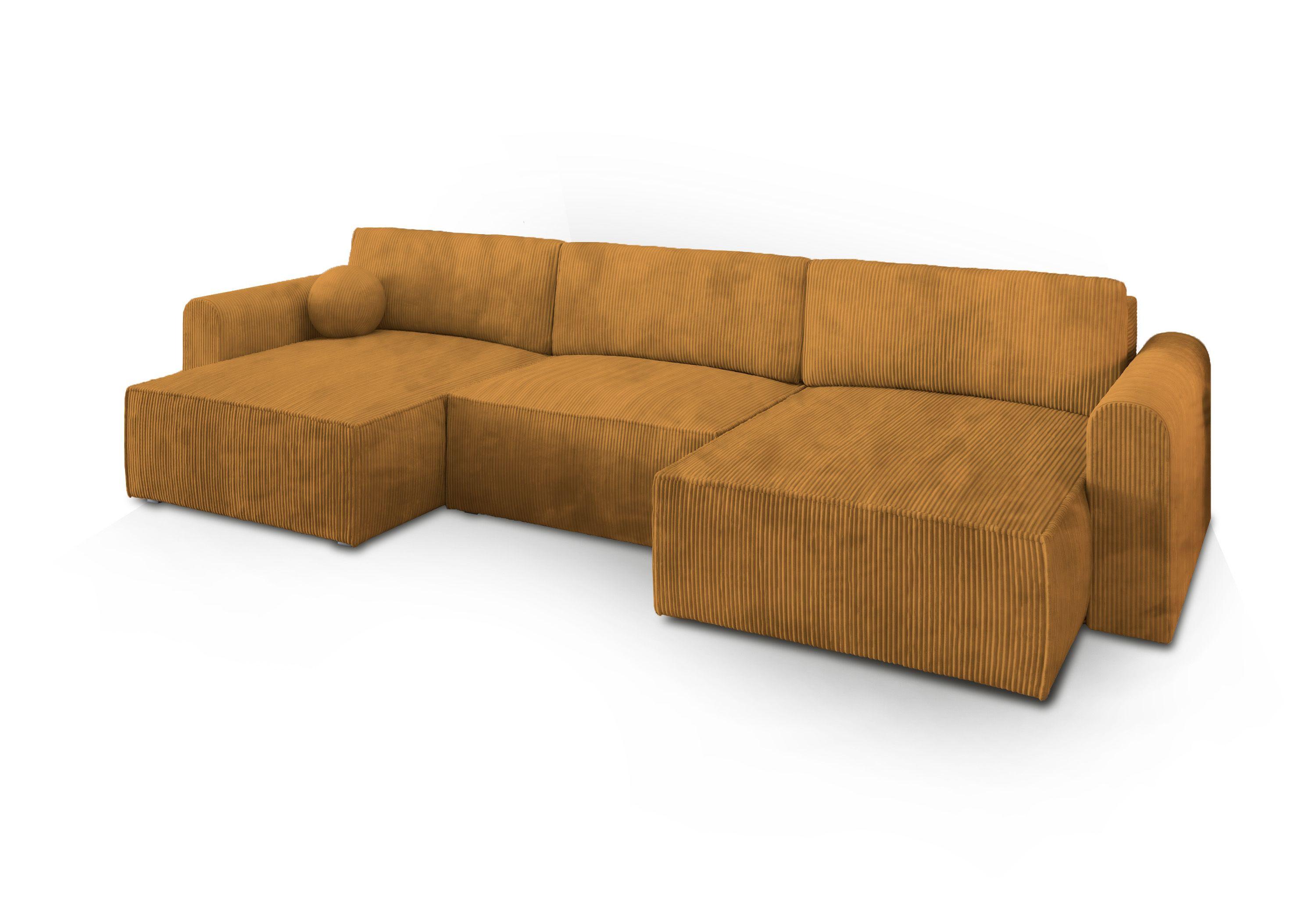 WOHNLANDSCHAFT FENTO P Gelb Kordstoff mit Schlaffunktion - Gelb/Grau, Holz/Kunststoff (347/90/148cm) - MASSENO