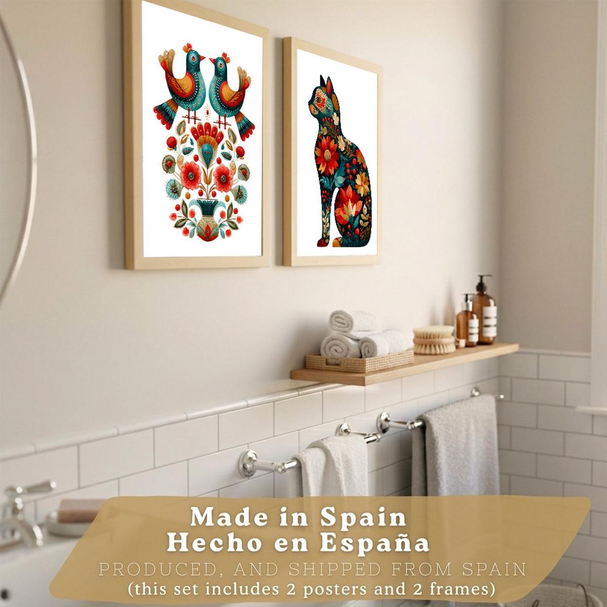 POSTER 2er-Set dekorative Badezimmer-Kunstdrucke, im Stil der Volkskunst, Toilette mit Vögeln und elegantem Blumen-Katzen Leichter Holzrahmen A3 - Beige, Papier (42/29.7/3cm) - Nacnic