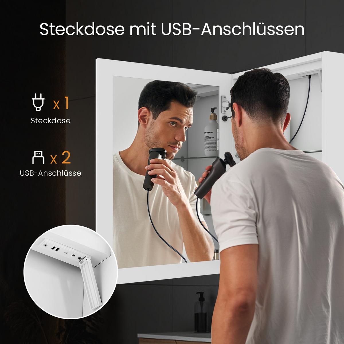 SPIEGELSCHRANK mit Beleuchtung silberweiß 60/40/14,5 - Weiß, Glas/Metall (40/60/14.5cm) - EMKE