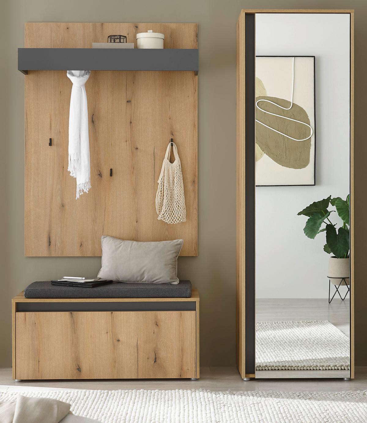 GARDEROBEN-SET 4-teilig Evoke Eiche, grau 170 cm, Garderobe inklusive Sitzkissen - Eichefarben/Schwarz, Glas/Holzwerkstoff (170/200/40cm) - Furn.Design