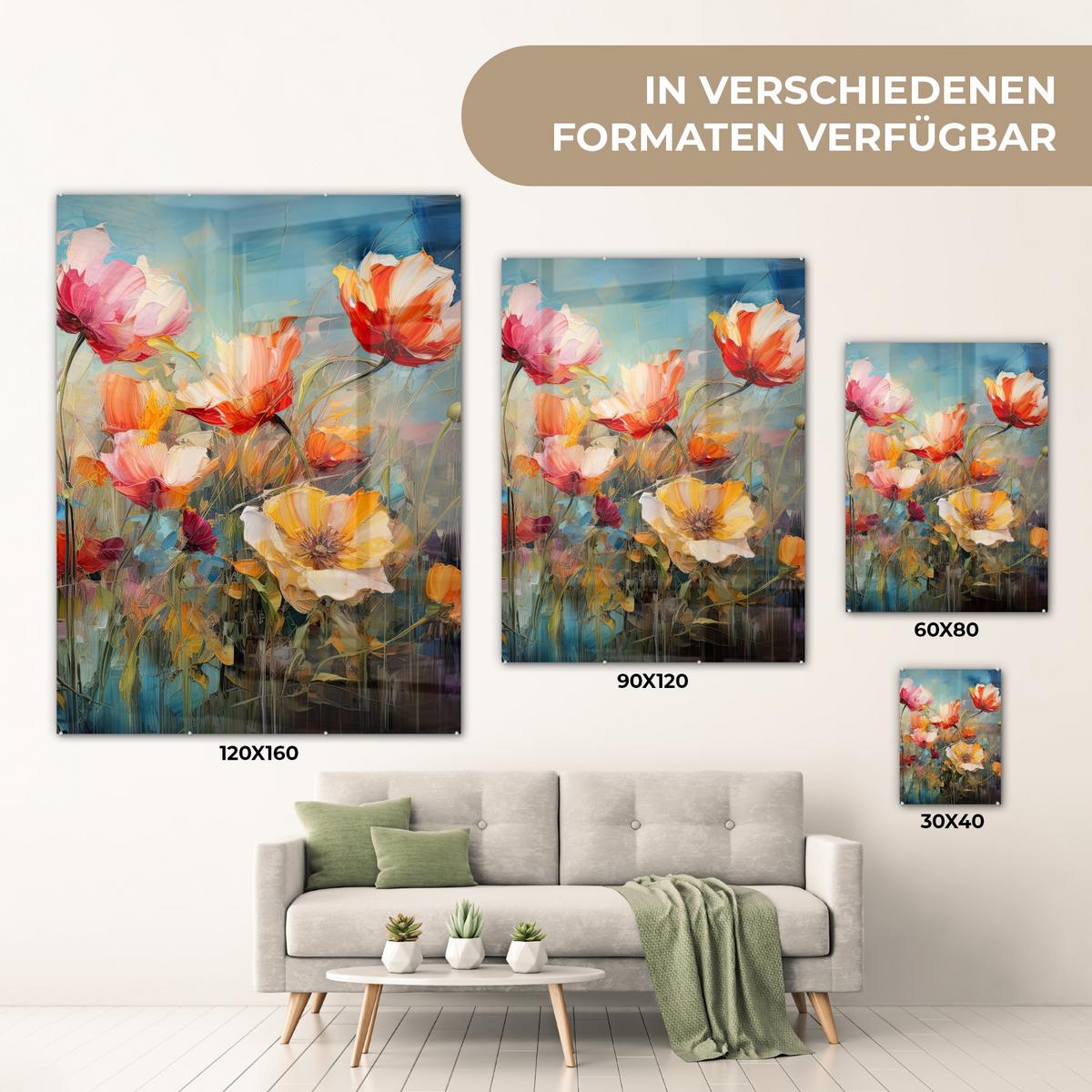 ACRYLGLASBILD Blumen - Aquarell - Kunst - Botanisch - Natur 60x80 cm - Orange, Glas (60/80cm) - MuchoWow