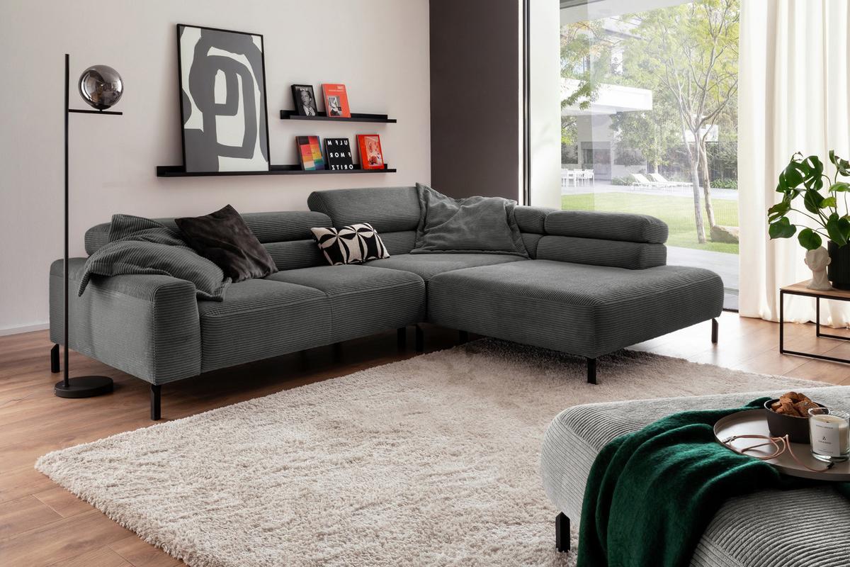 ECKSOFA DELIA Grau Cord - Schwarz/Grau, Textil/Metall (276/219cm) - KAWOLA