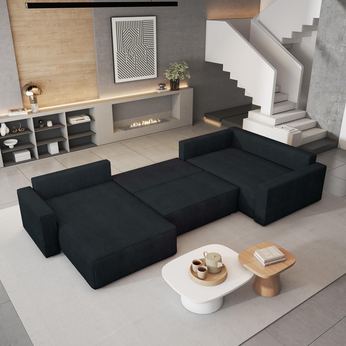 WOHNLANDSCHAFT VELAMI R-S Schwarz Kordstoff mit Schlaffunktion - Schwarz, Holz (365/83/194cm) - MASSENO