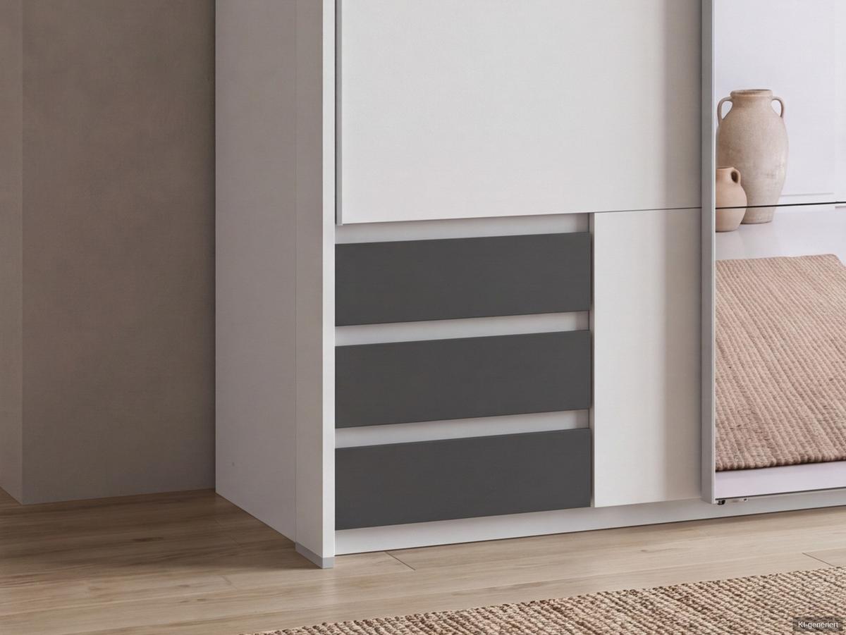 SCHWEBETÜRENSCHRANK 2-türig B138/H200/T65 cm, Passepartout-Kleiderschrank in Weiß, 1x Tür & sichtbare Schubkästen in Grafit mit Spiegel / 22682 - Graphitfarben/Alufarben, Holz/Holzwerkstoff (138/200/65cm) - luma-home