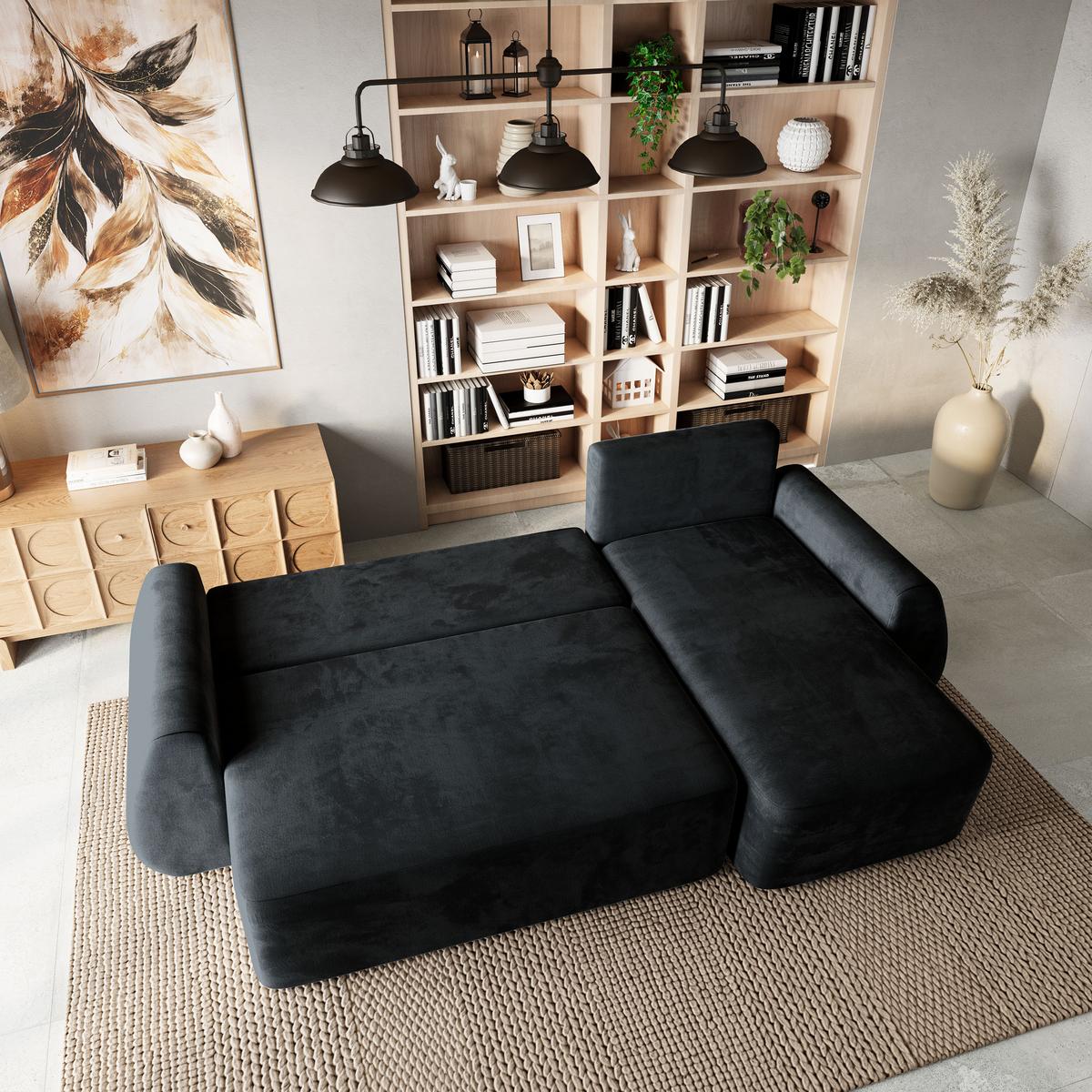 ECKSOFA GALVIS Schwarz Velours-Stoff mit Schlaffunktion - Schwarz, Holz (256/156cm) - MASSENO