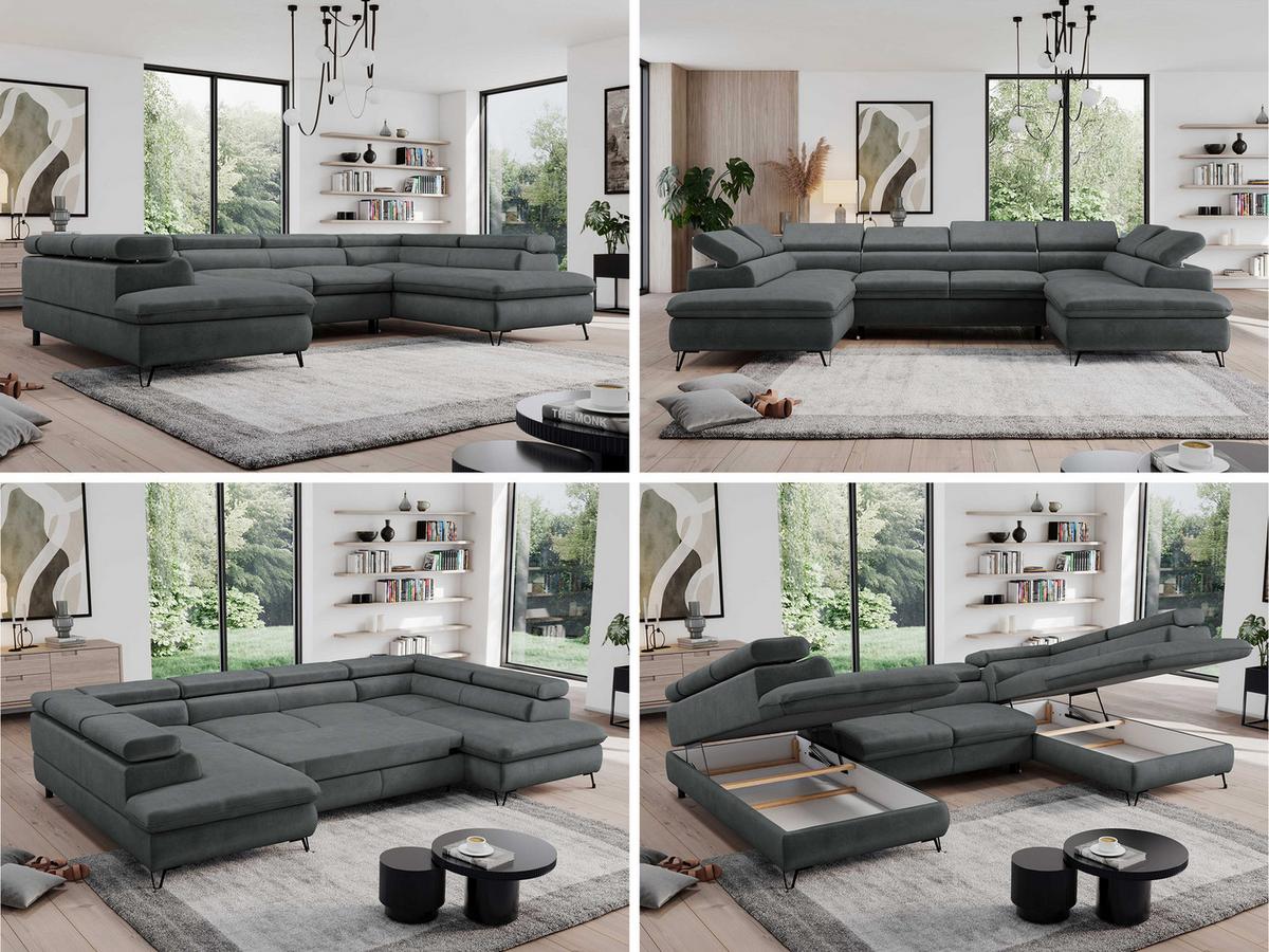 WOHNLANDSCHAFT PEDRO U Samt Dunkelgrau - Dunkelgrau/Schwarz, Textil/Metall (346/76/208cm) - MKS