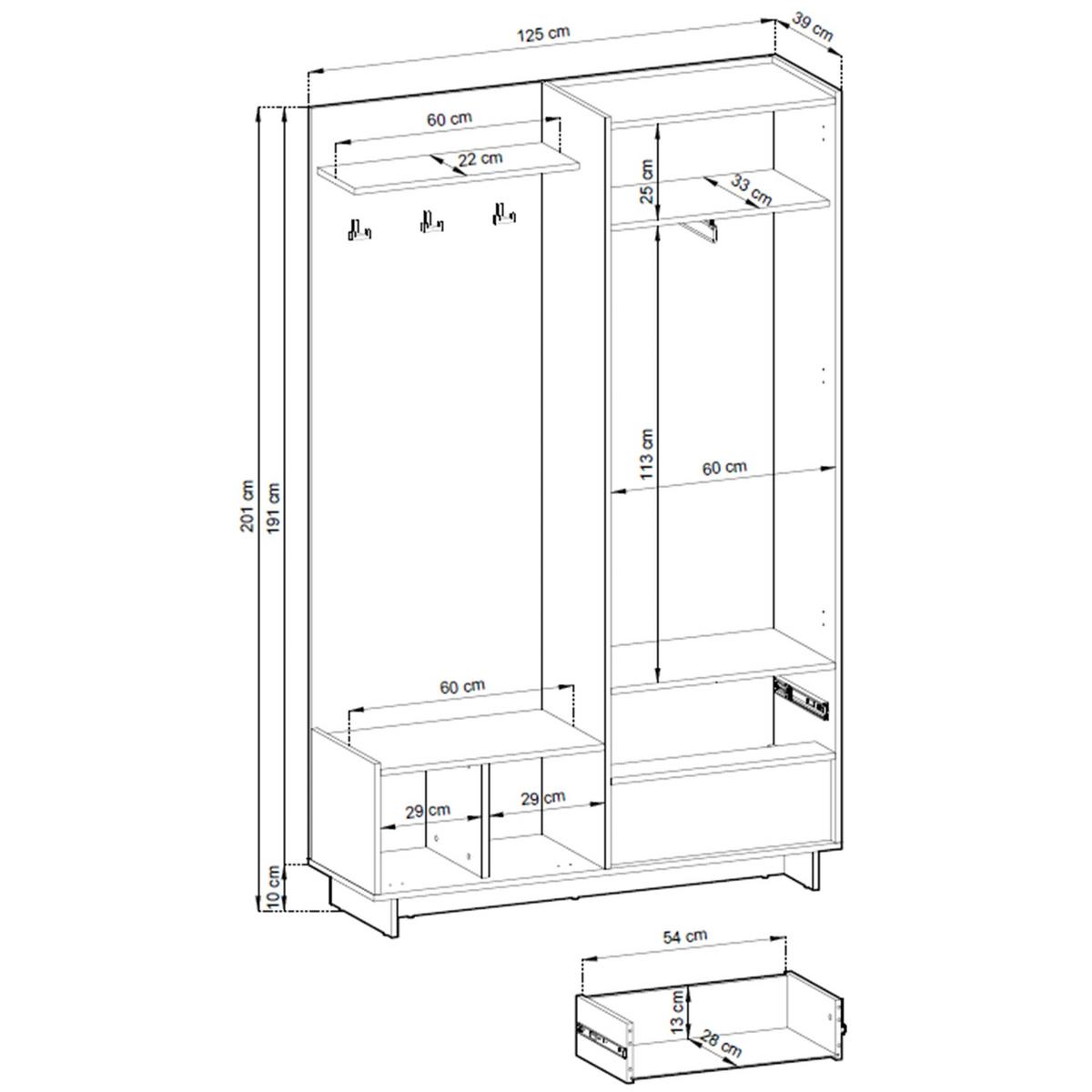 KLEIDERSCHRANK Yasumi mit 2 Schubladen 125 cm - Eichefarben, Holzwerkstoff (125/201/39cm) - Selsey