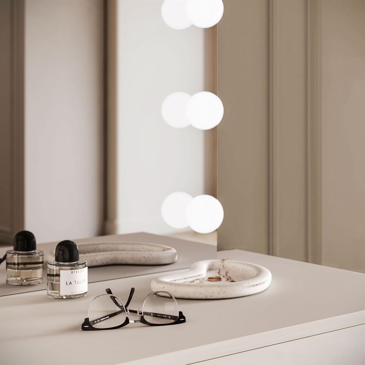 SCHMINKTISCH BLANCO KASCHMIR ELITE mit Spiegel und Beleuchtung goldener Chrom goldener Griff - Ecru, Holzwerkstoff (100/81/42cm) - Lookway