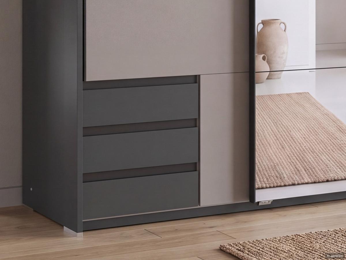 SCHWEBETÜRENSCHRANK 2-türig B138/H200/T65 cm, Passepartout-Kleiderschrank mit Spiegel & sichtbaren Schubkästen in Grafit, 1x Tür in Sandgrau / 22687 - Sandfarben/Graphitfarben, Holz/Holzwerkstoff (138/200/65cm) - luma-home