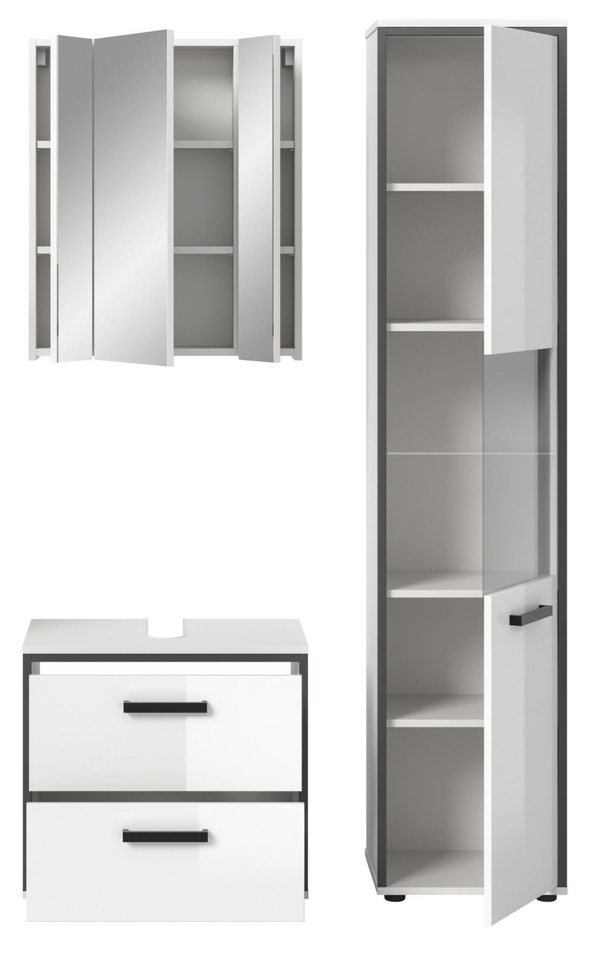 BADMÖBEL-SET 3-teilig weiß Hochglanz, grau 115 x 188 cm, Badkombination, modernes Design - Weiß Hochglanz/Schwarz, Glas/Holzwerkstoff (115/188/37.5cm) - Inn.Furn