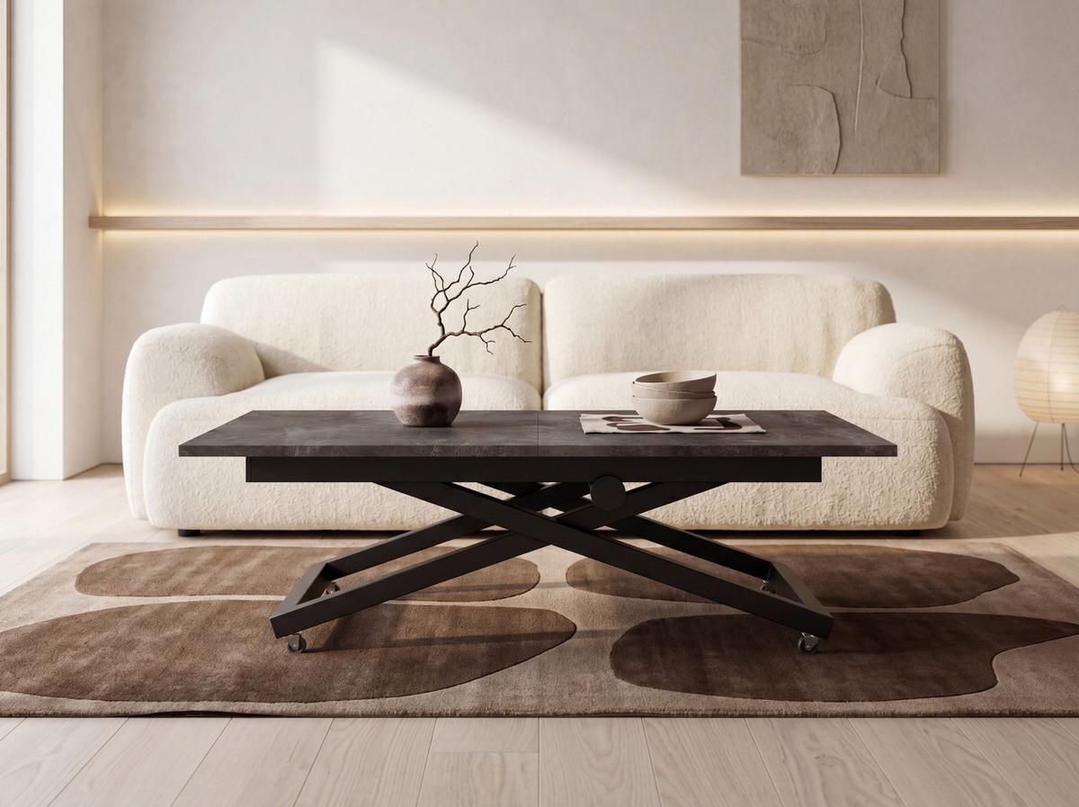 COUCHTISCH Axen höhenverstellbar ausziehbar, Beton Dunkelgrau 120-160/80/38-75 cm - Dunkelgrau/Schwarz, Holzwerkstoff/Metall (80/160/75cm) - WFL GROUP