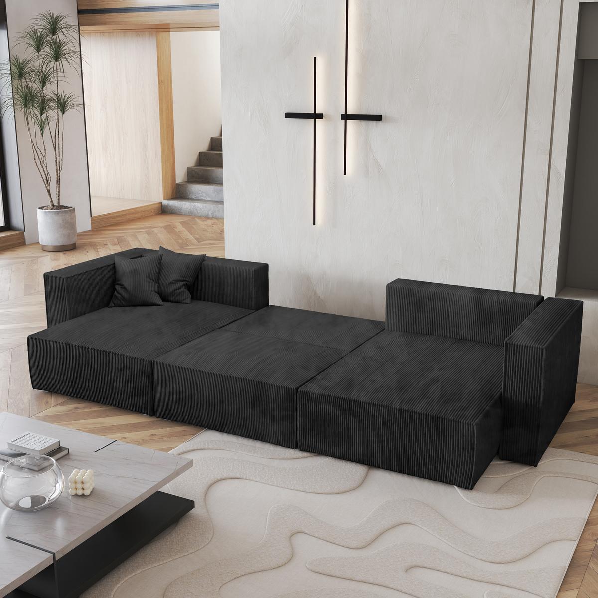 WOHNLANDSCHAFT SARMO P Schwarz Kordstoff mit Schlaffunktion - Schwarz/Grau, Holz/Kunststoff (347/70/148cm) - MASSENO
