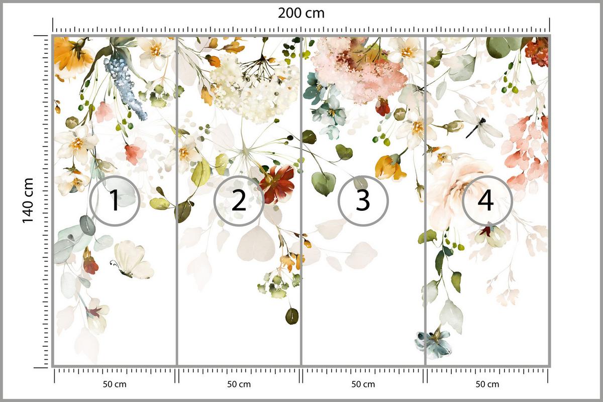 FOTOTAPETE für Schlafzimmer Bunte Zarte Blumen Blätter Pastell 200x140 - Ecru/Beige, Papier (200/140cm) - Muralo
