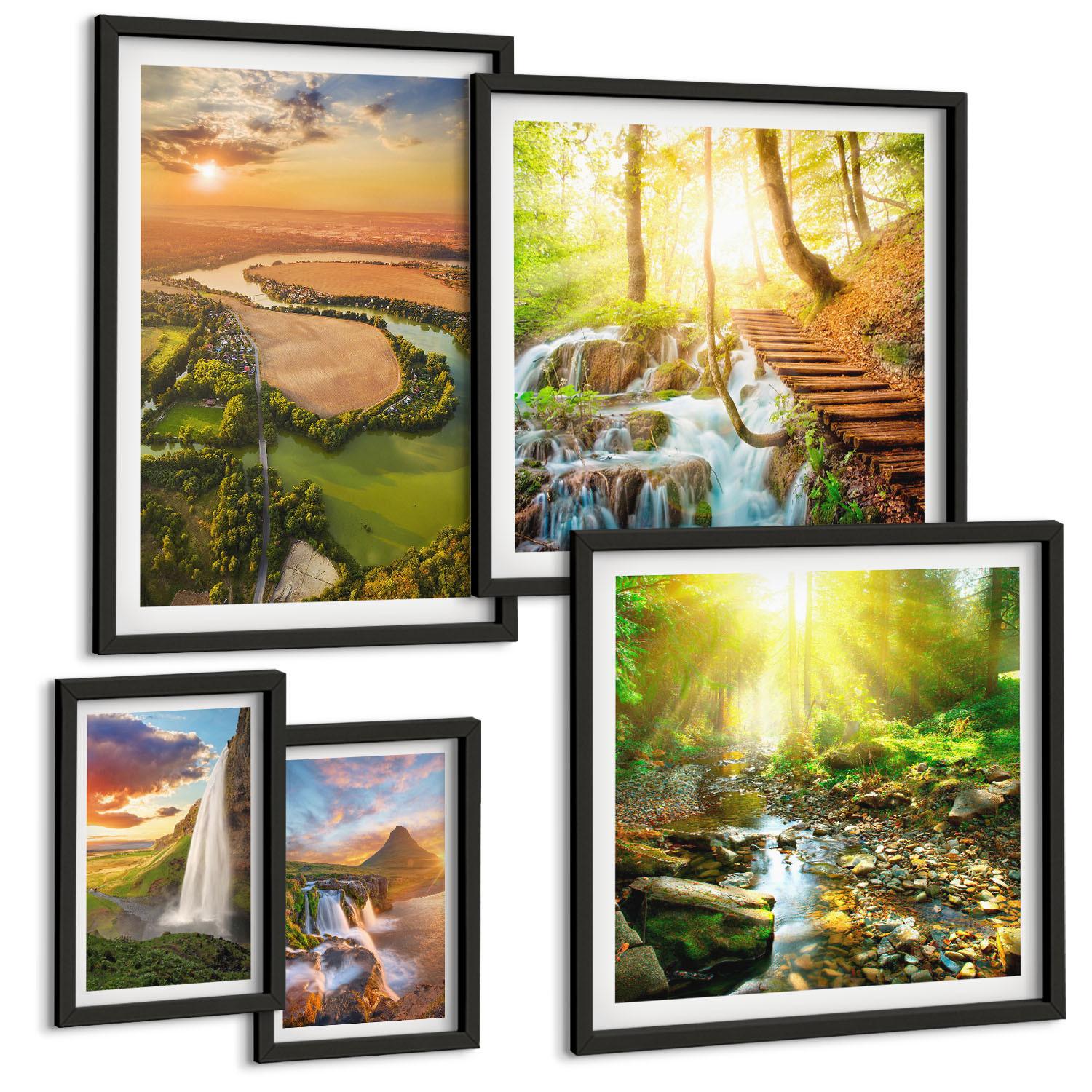 BILDER SET 5er Set - 50x50 cm & 20x30 cm & 40x60 cm Schwarzer Rahmen - Orange Mountain Wasserfall - Schwarz, Kunststoff (40/60cm) - TULUP